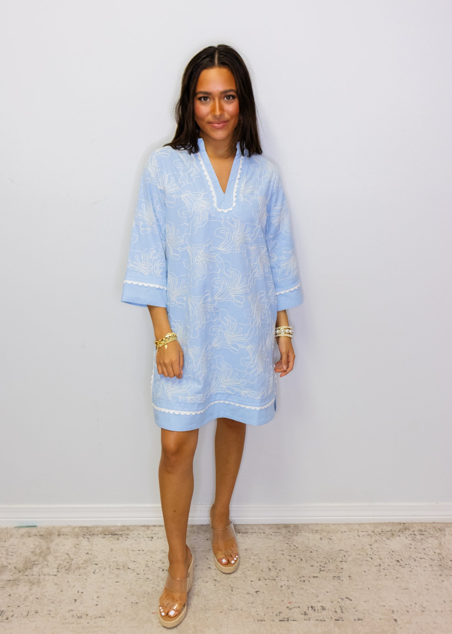 Blue Scallop Trim Embroidery Shift Dress