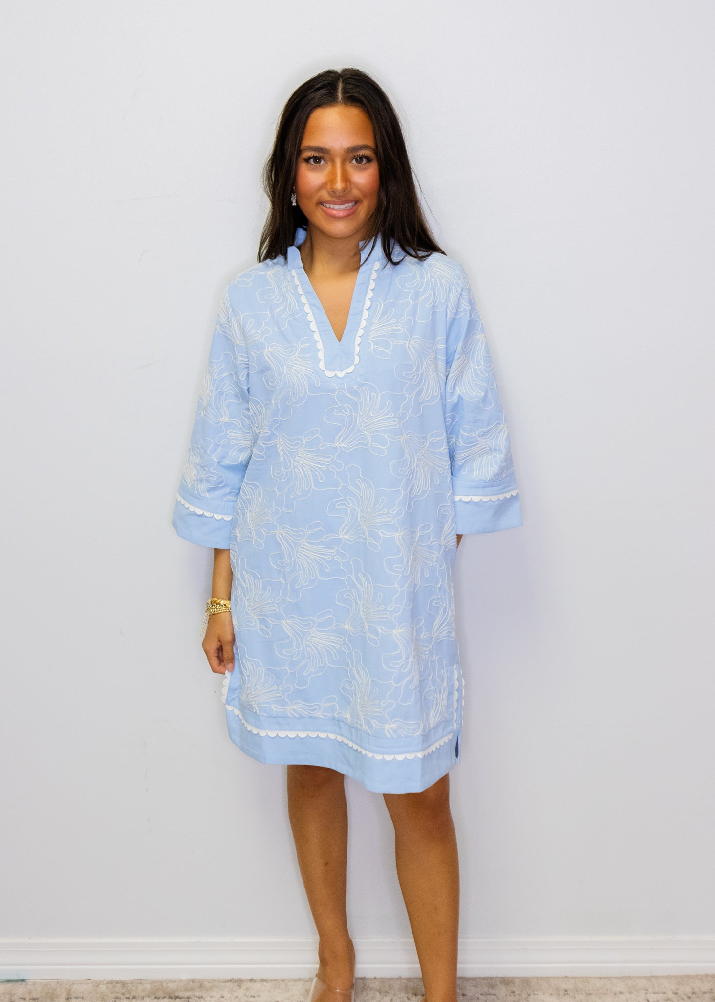 Blue Scallop Trim Embroidery Shift Dress