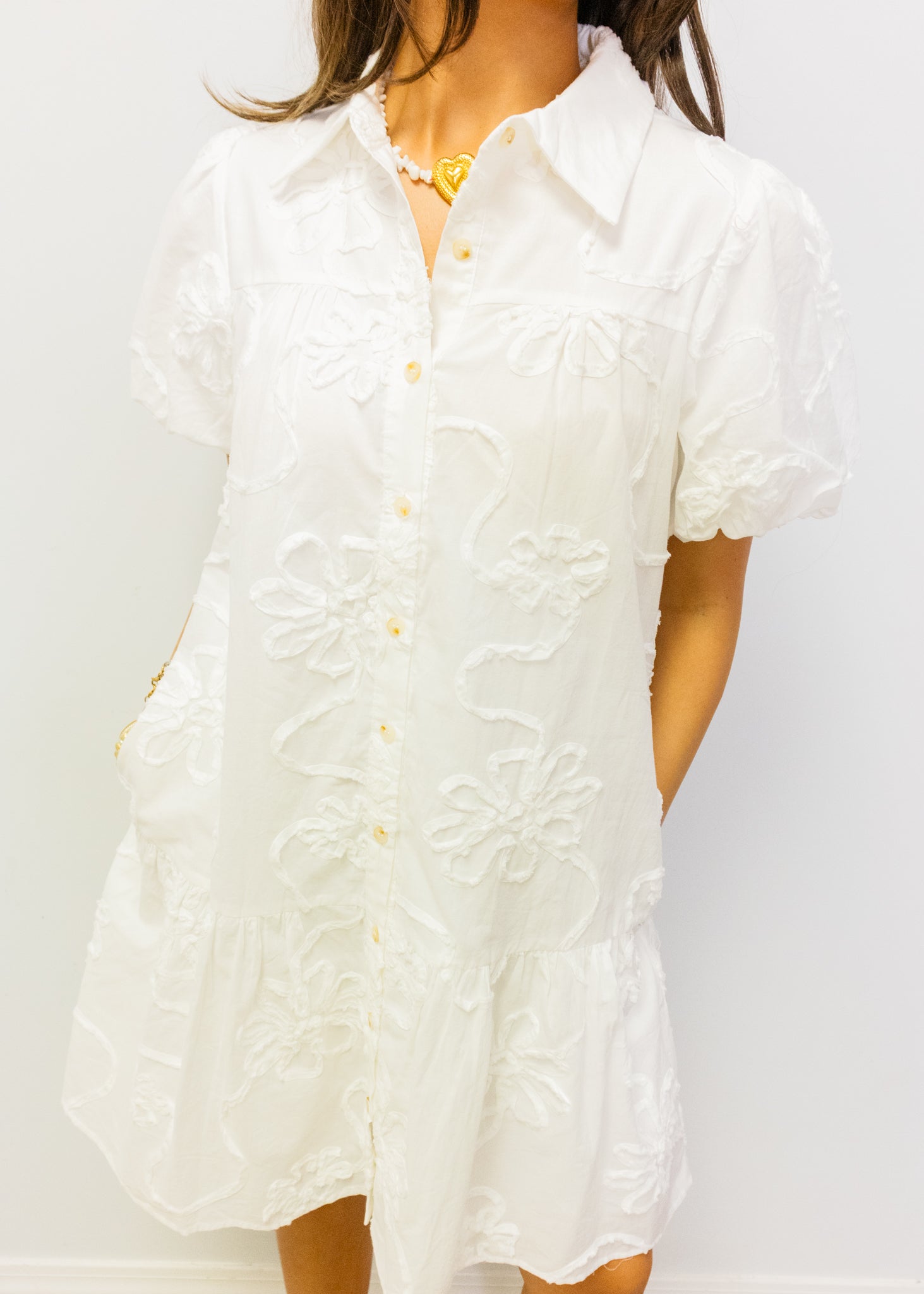 White 3D Floral Button-Up Dress