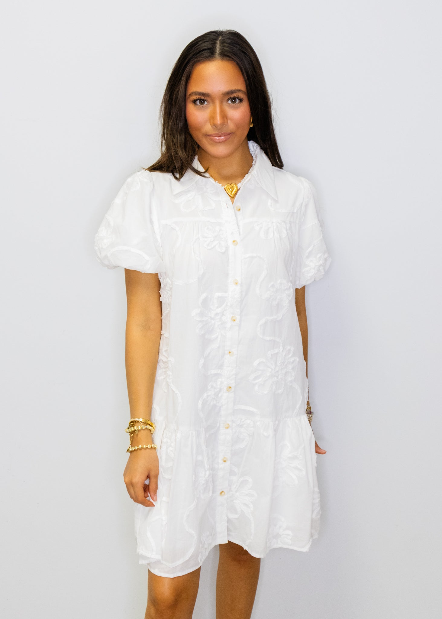 White 3D Floral Button-Up Dress