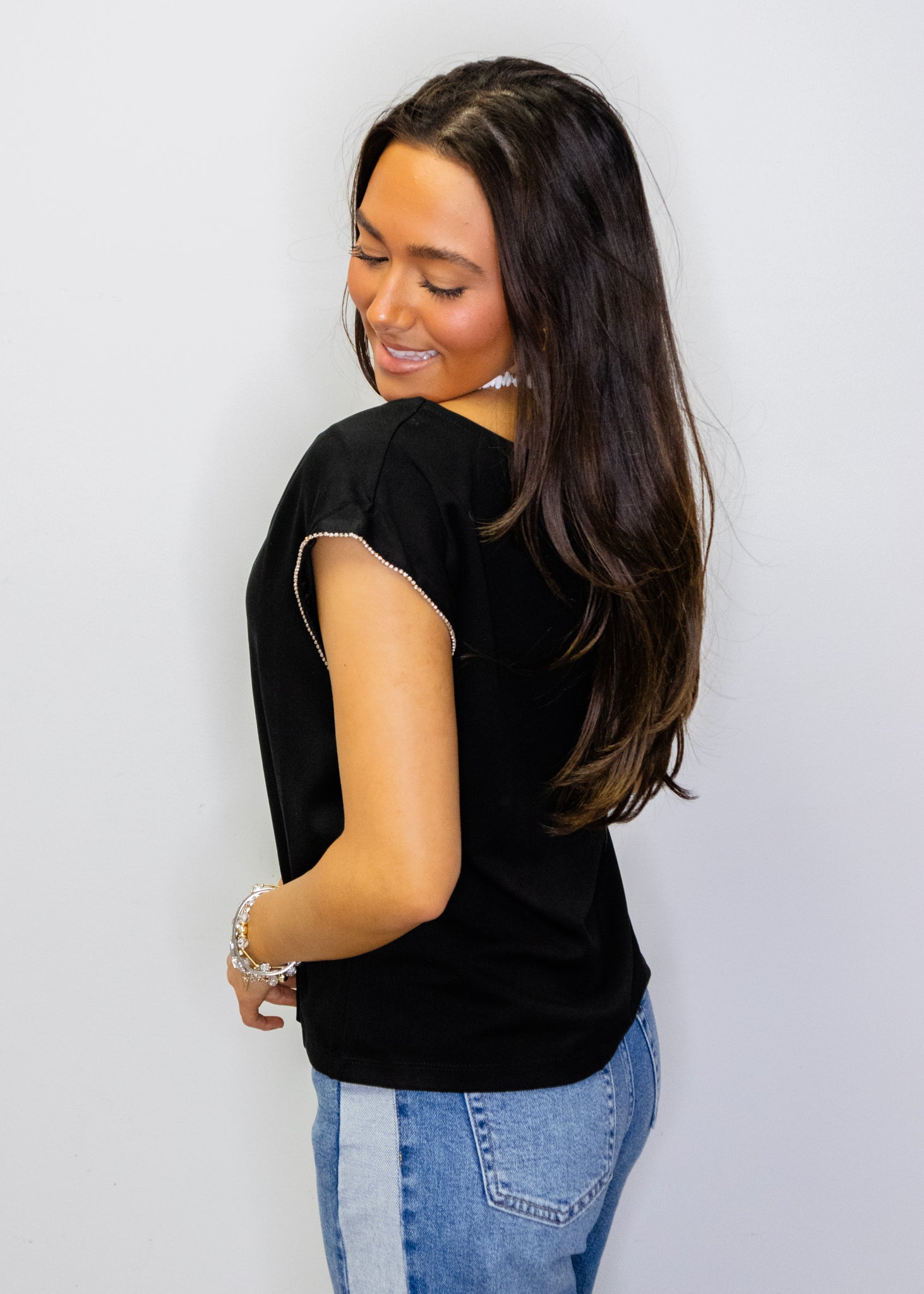 Black Rhinestone Sleeve Top