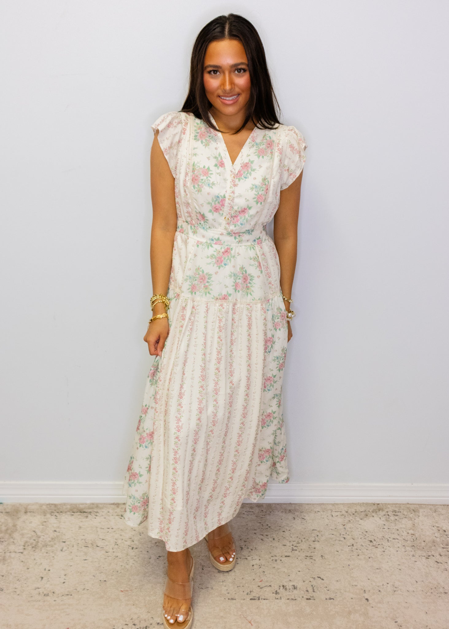Mixed Floral Print V-Neck Midi Dress