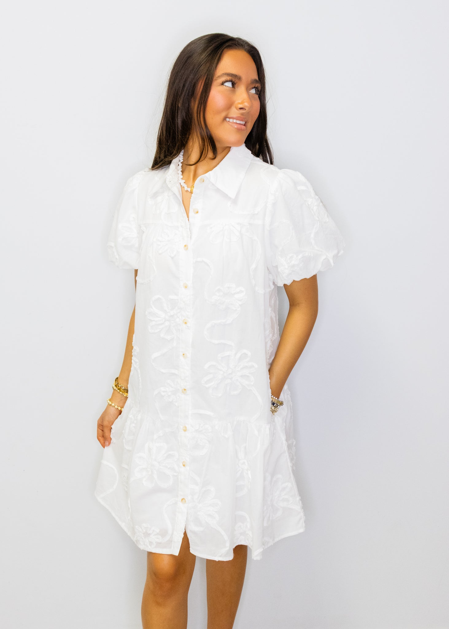 White 3D Floral Button-Up Dress