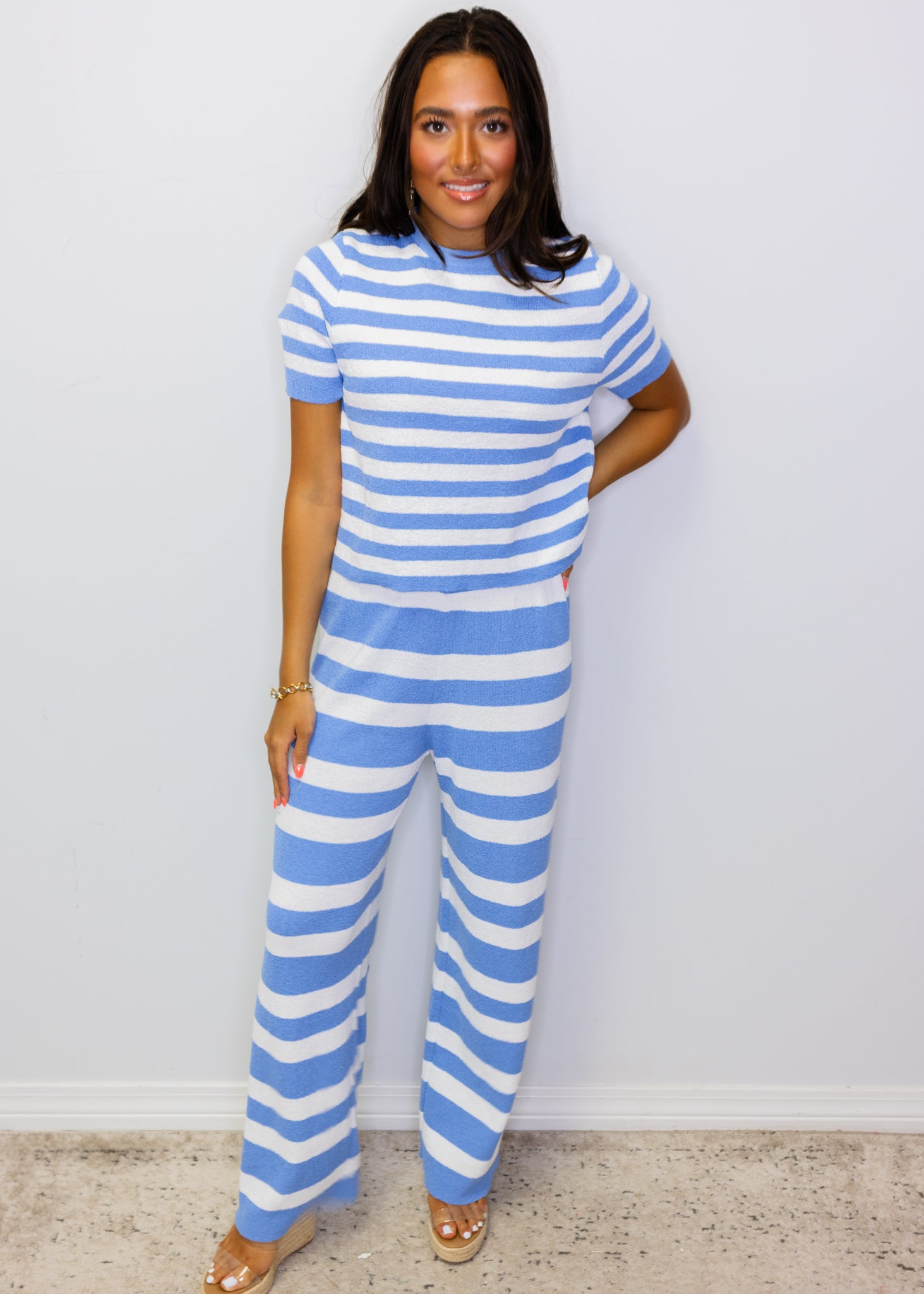 Blue Stripe Knit Pants Set