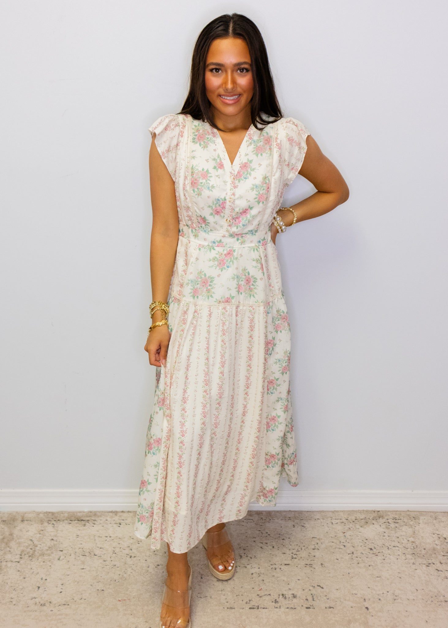 Mixed Floral Print V-Neck Midi Dress