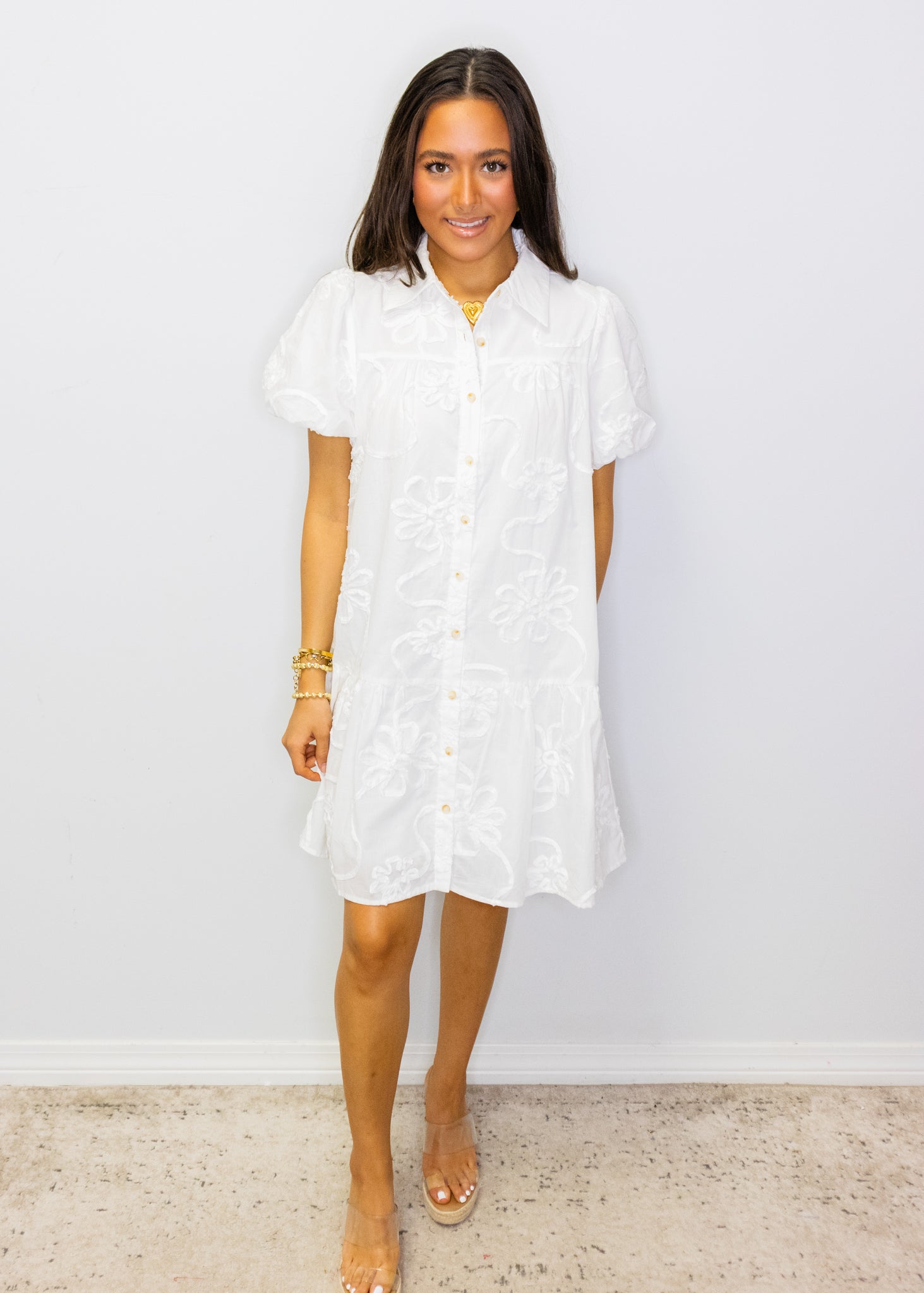 White 3D Floral Button-Up Dress