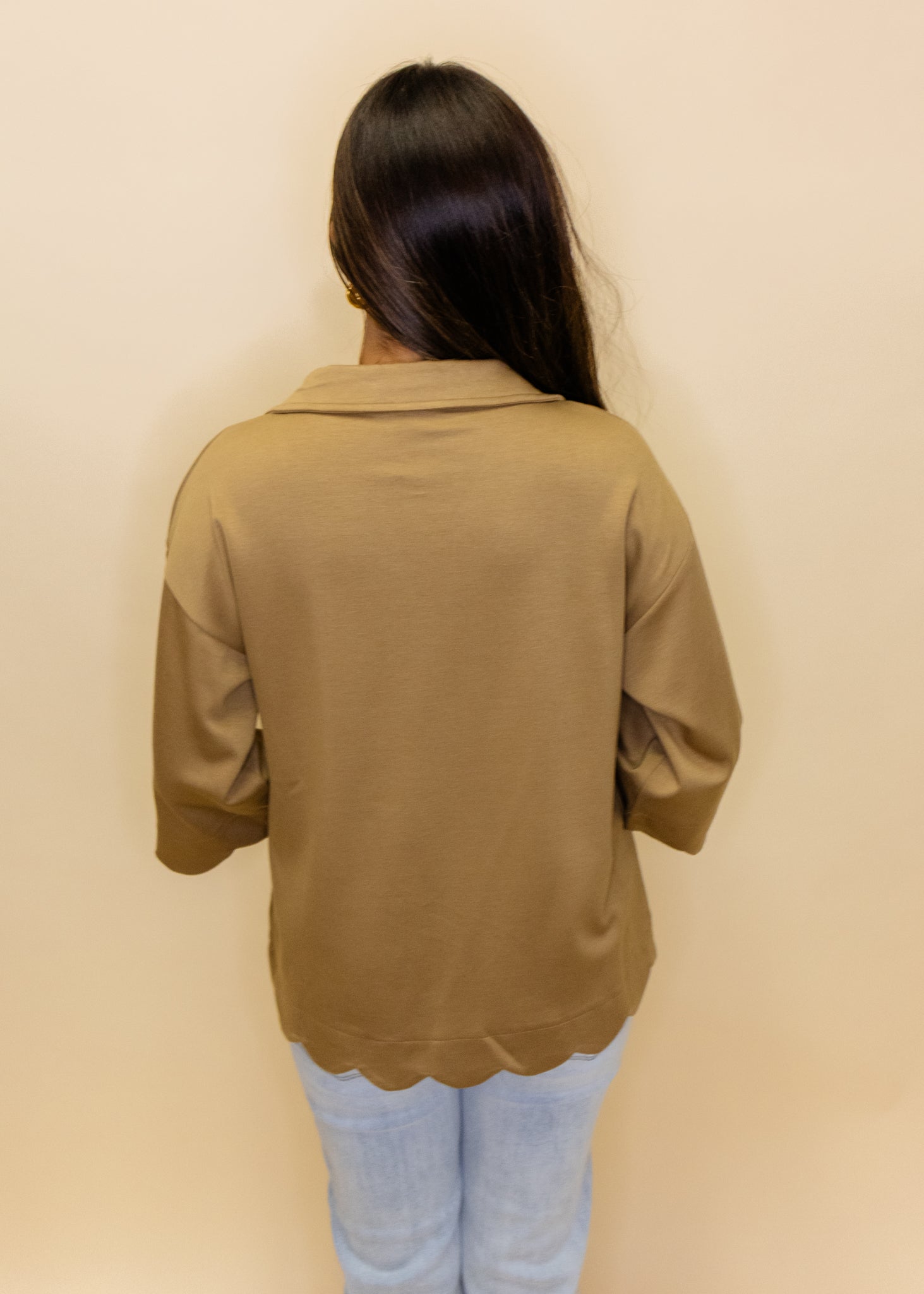 Taupe Solid Scallop Detail Top