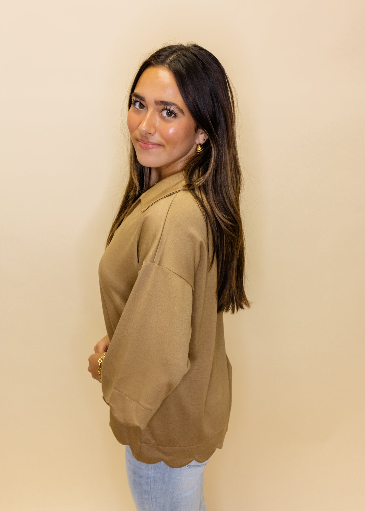 Taupe Solid Scallop Detail Top