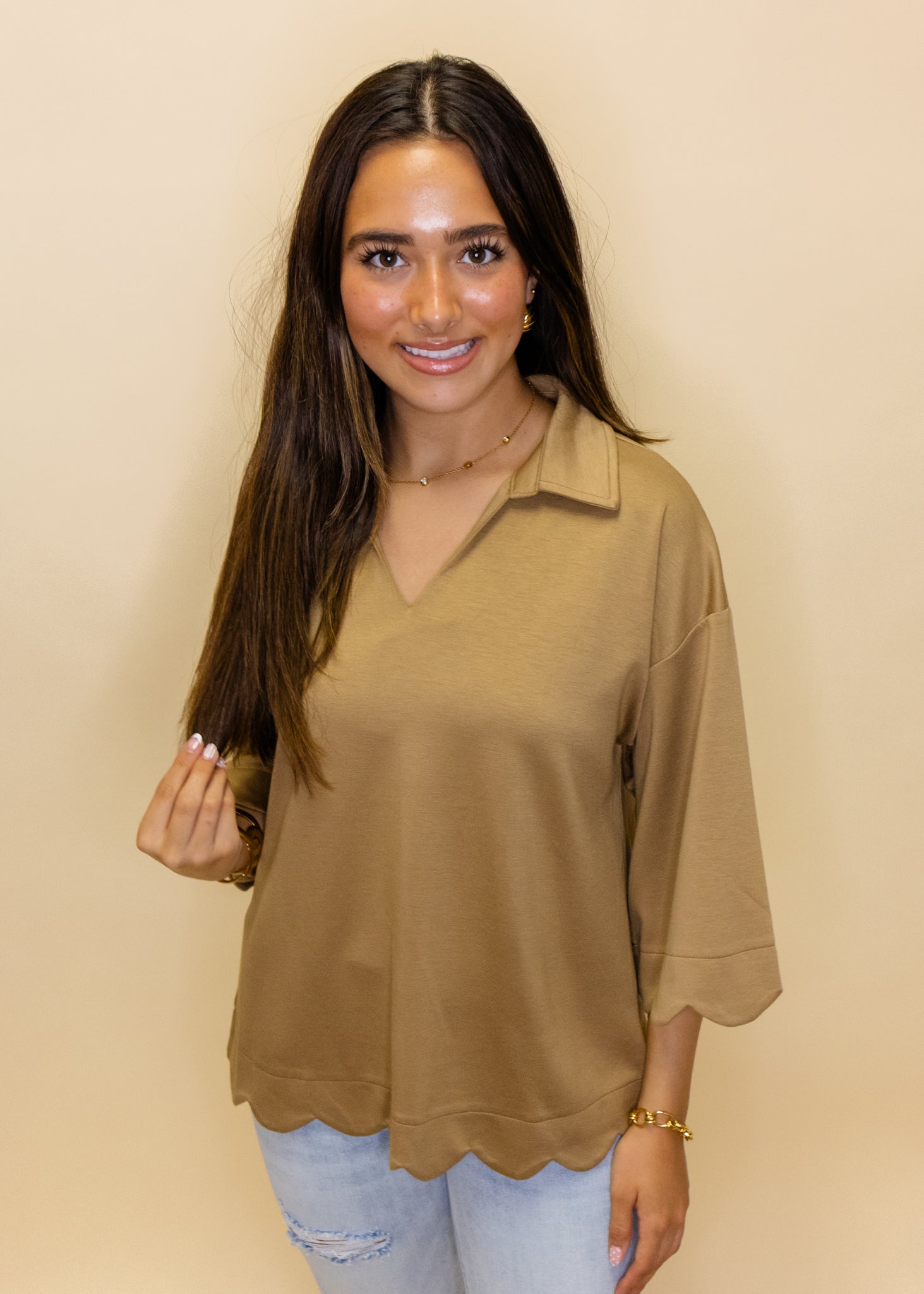 Taupe Solid Scallop Detail Top