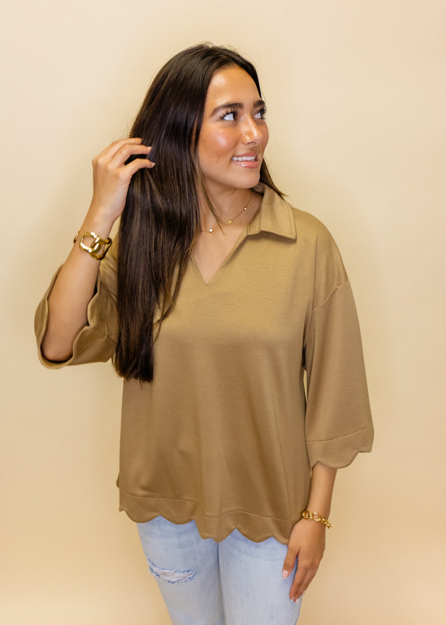 Taupe Solid Scallop Detail Top