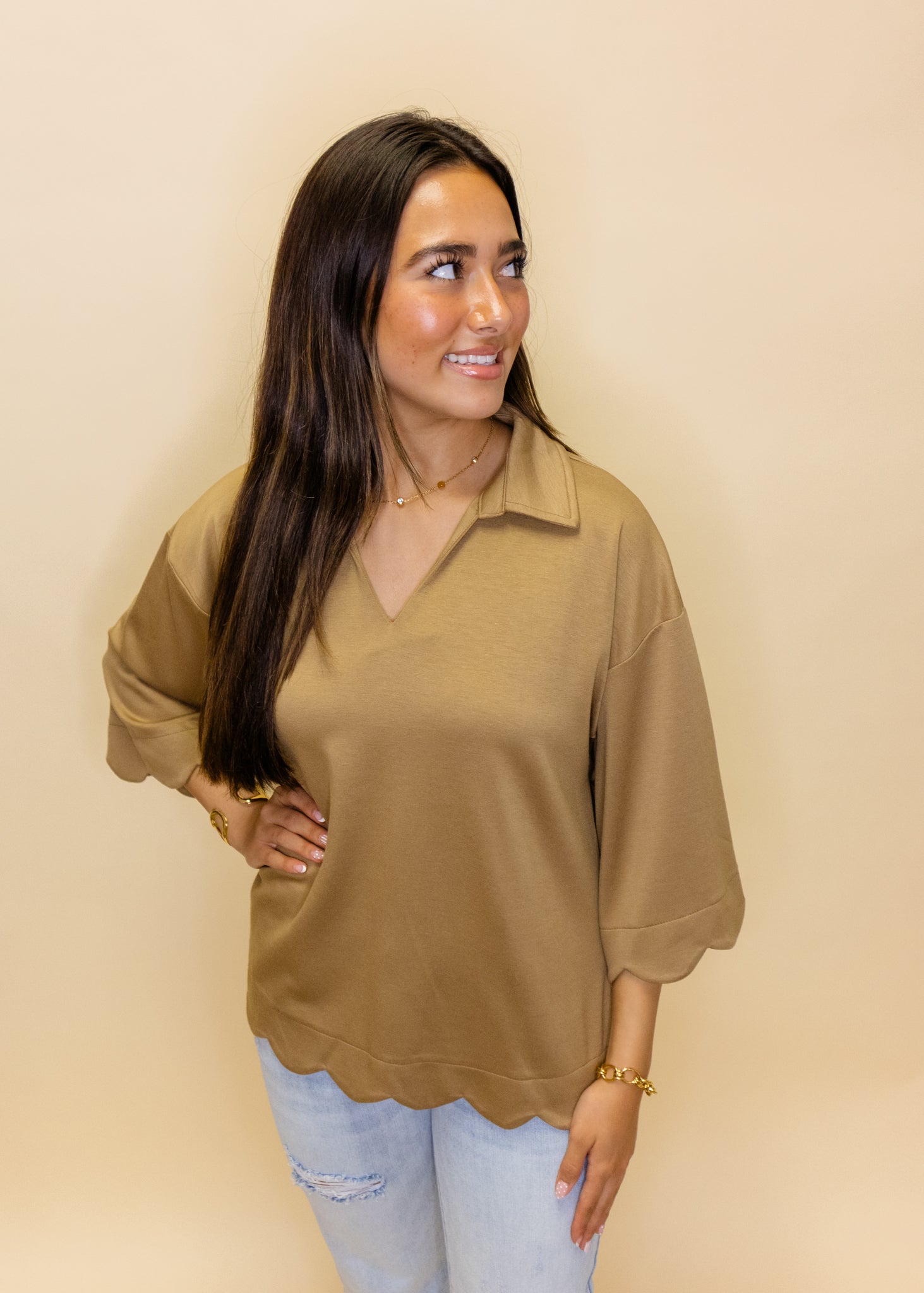 Taupe Solid Scallop Detail Top