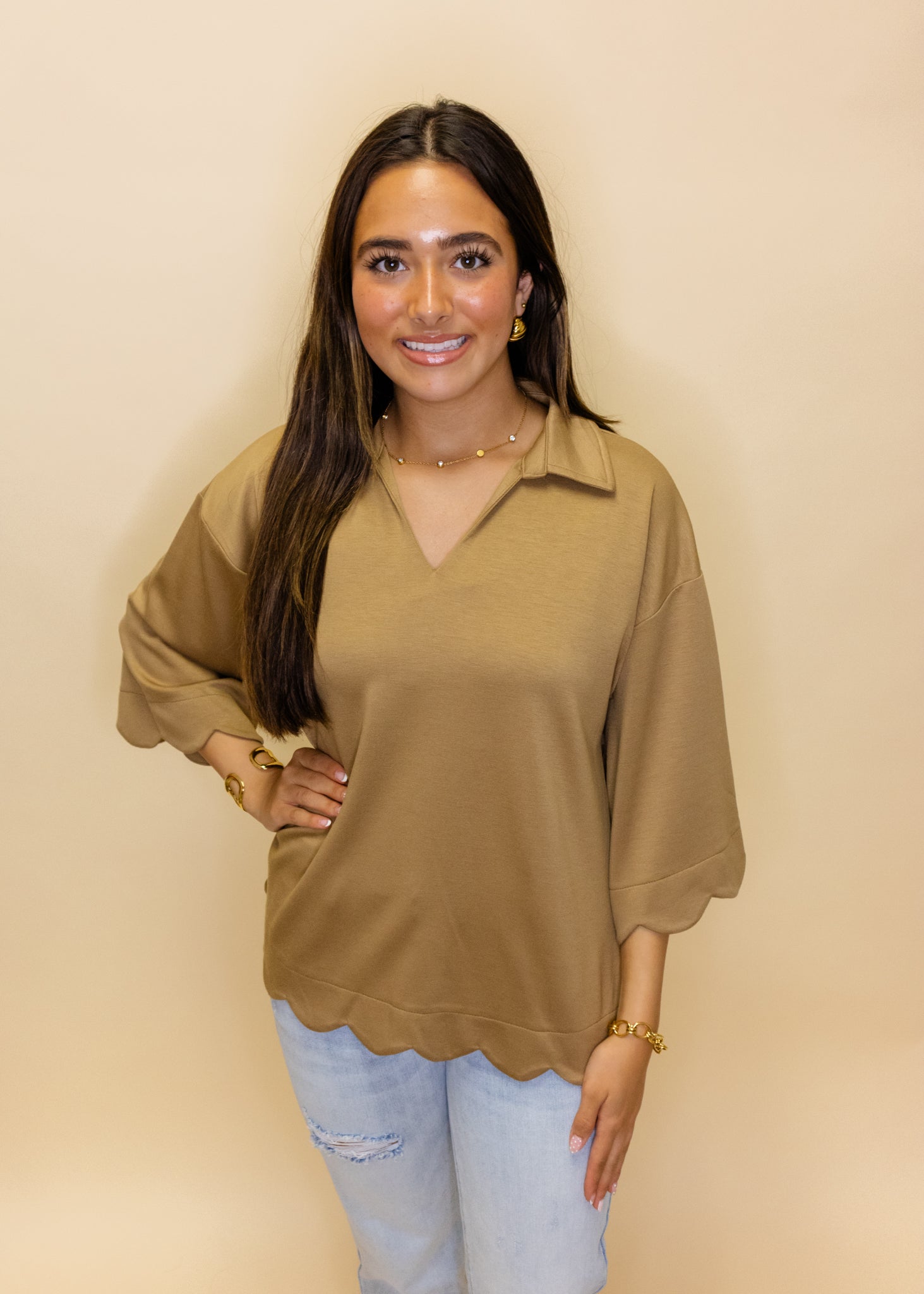 Taupe Solid Scallop Detail Top