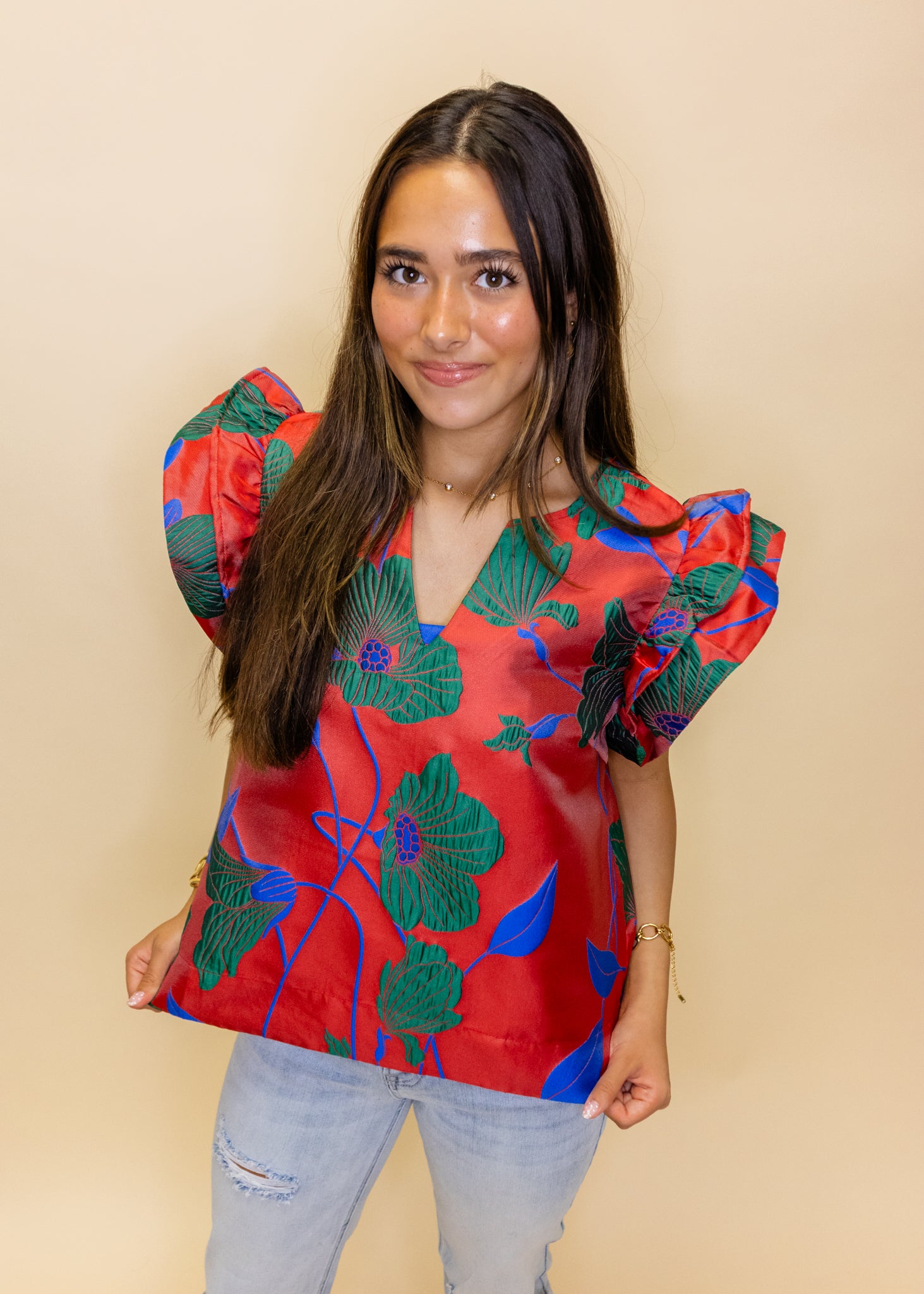 Red Floral Jacquard Top