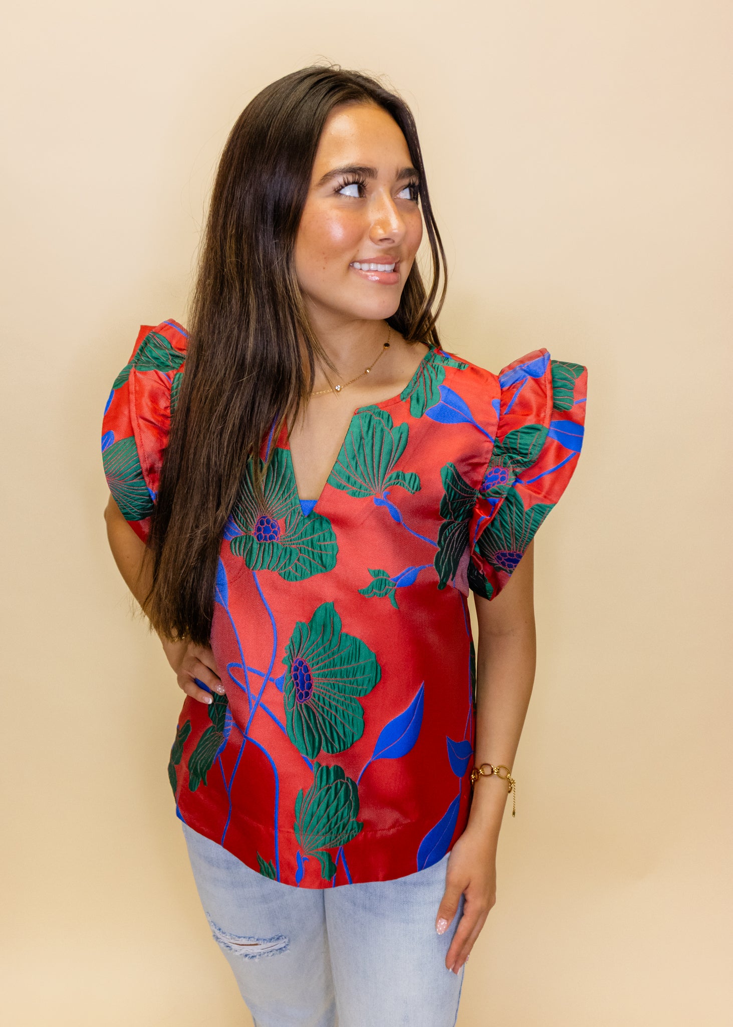 Red Floral Jacquard Top