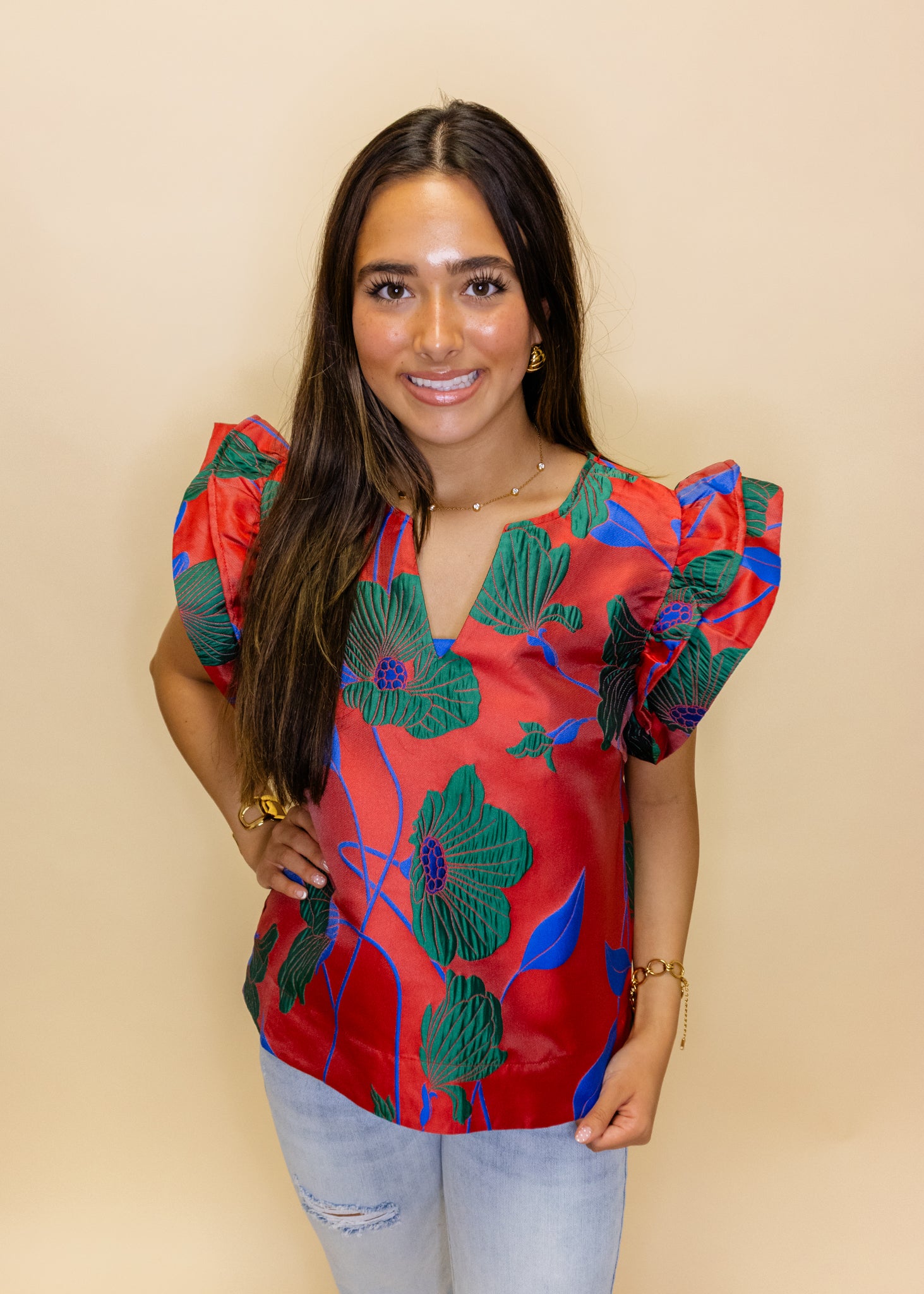 Red Floral Jacquard Top