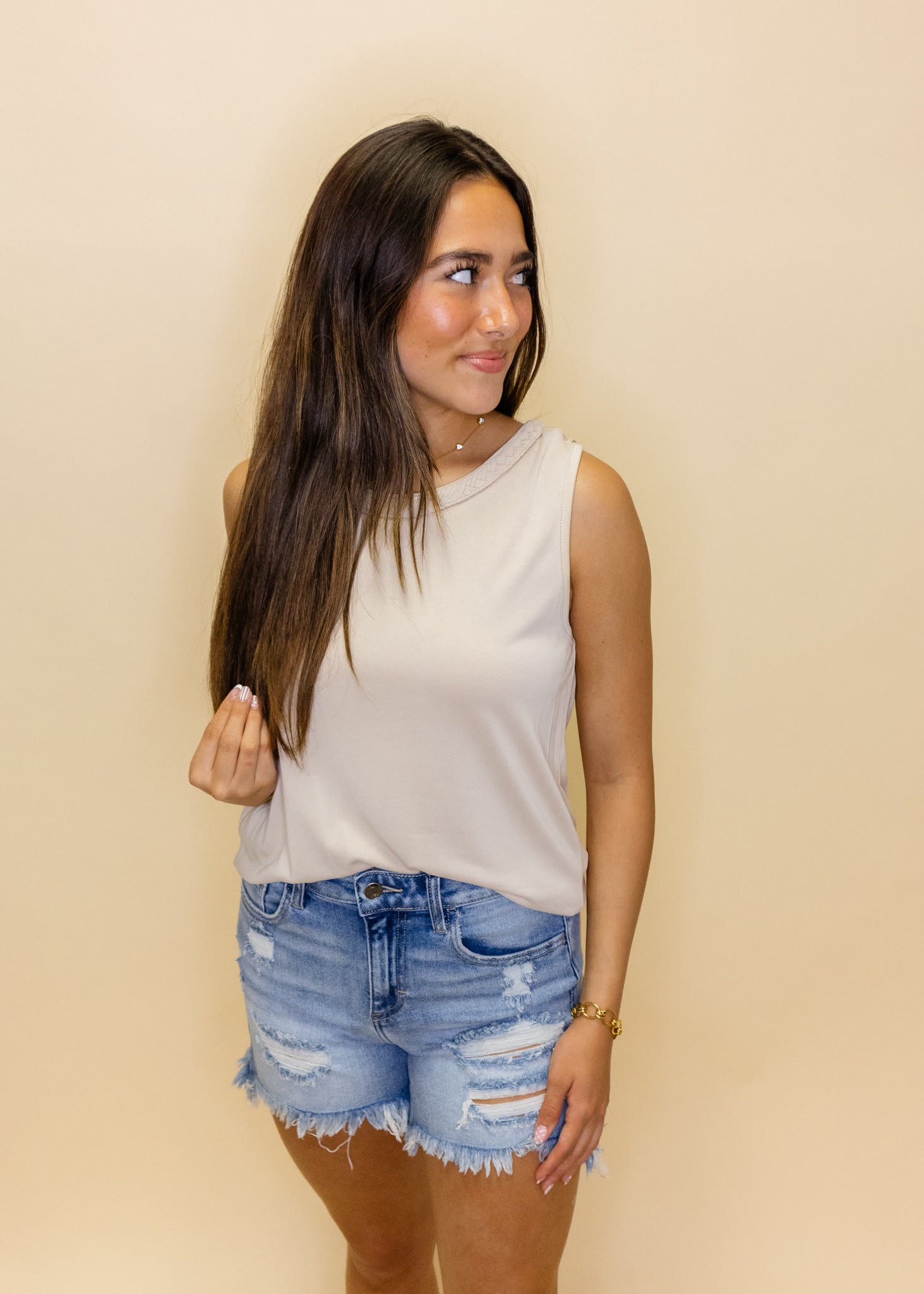 Taupe Braid Neck Jersey Top