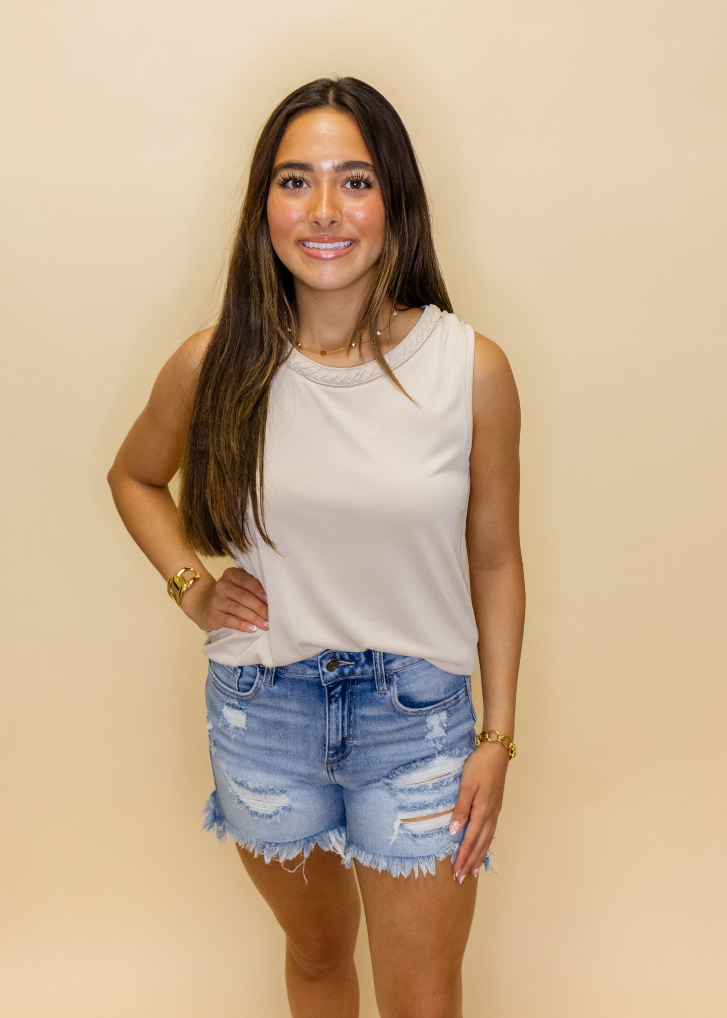 Taupe Braid Neck Jersey Top