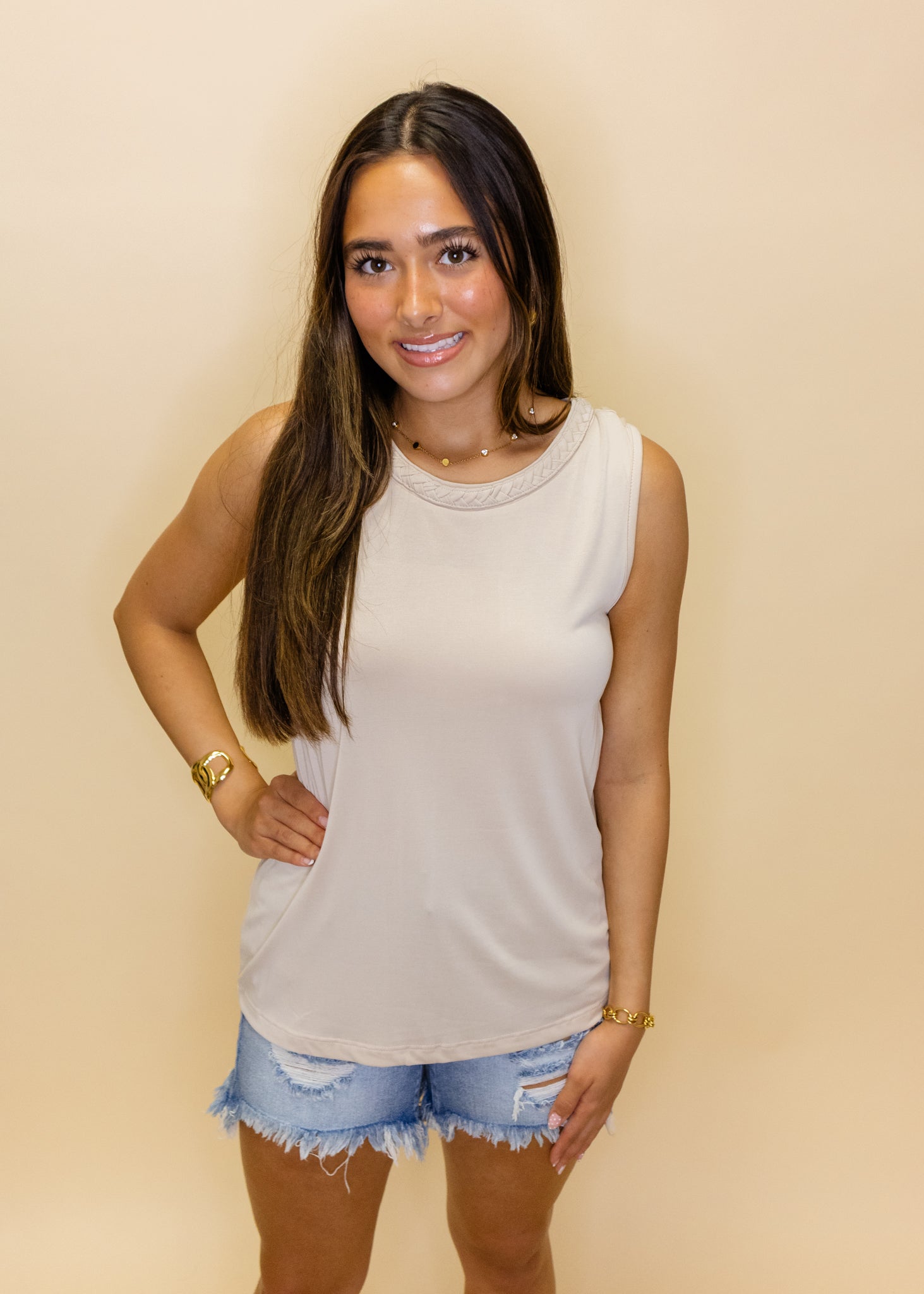Taupe Braid Neck Jersey Top