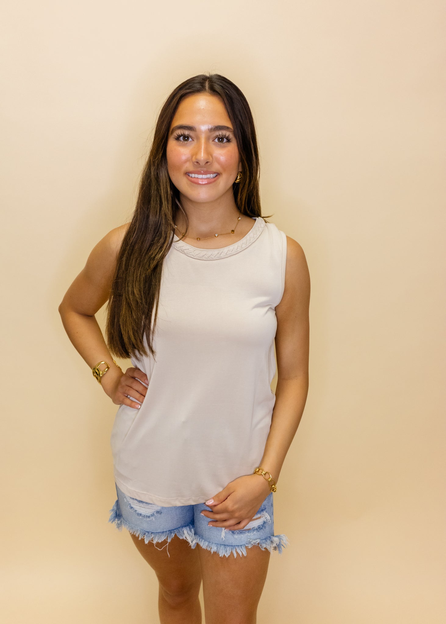 Taupe Braid Neck Jersey Top