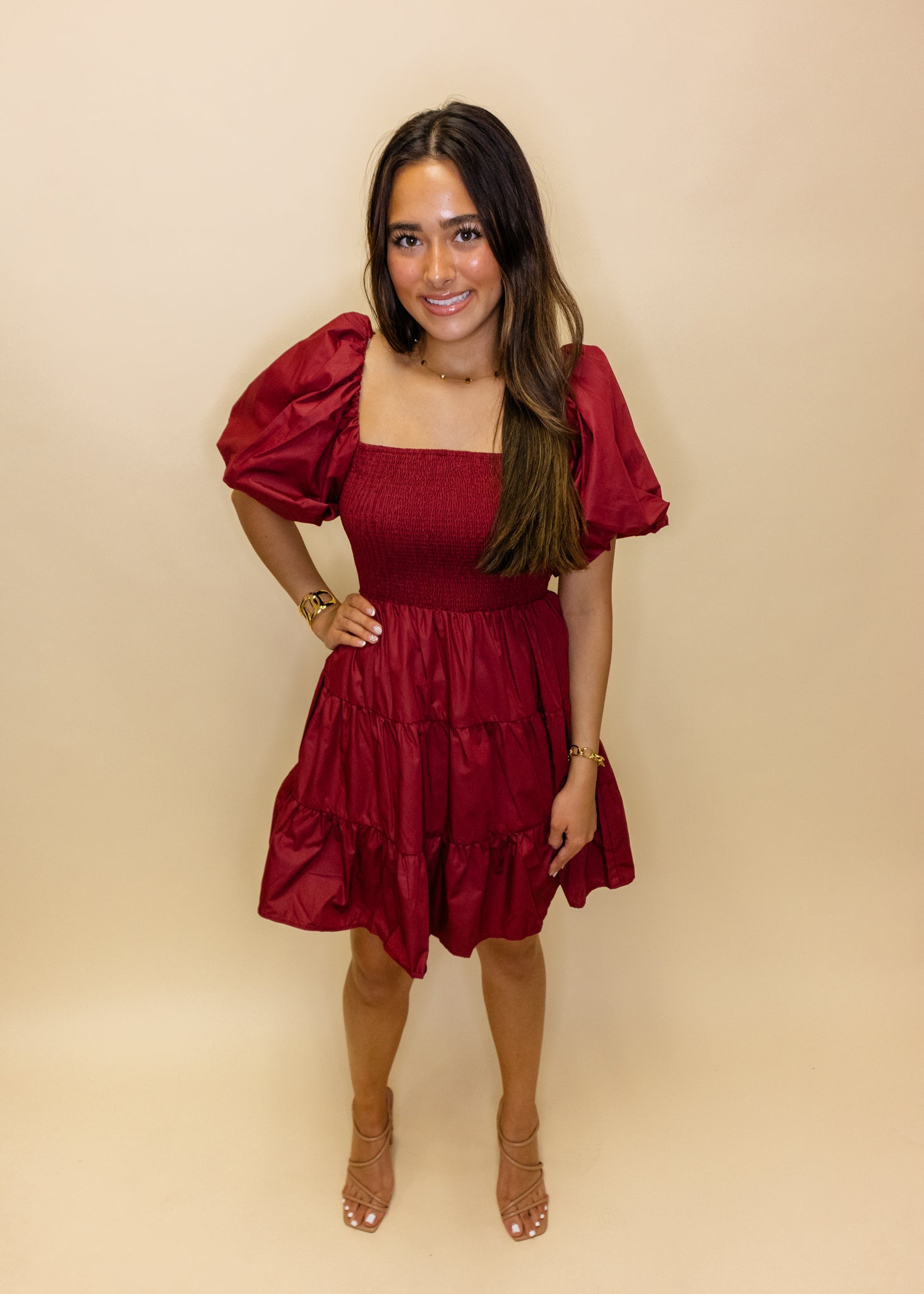 Maroon Smocked Puff Sleeve Dress
