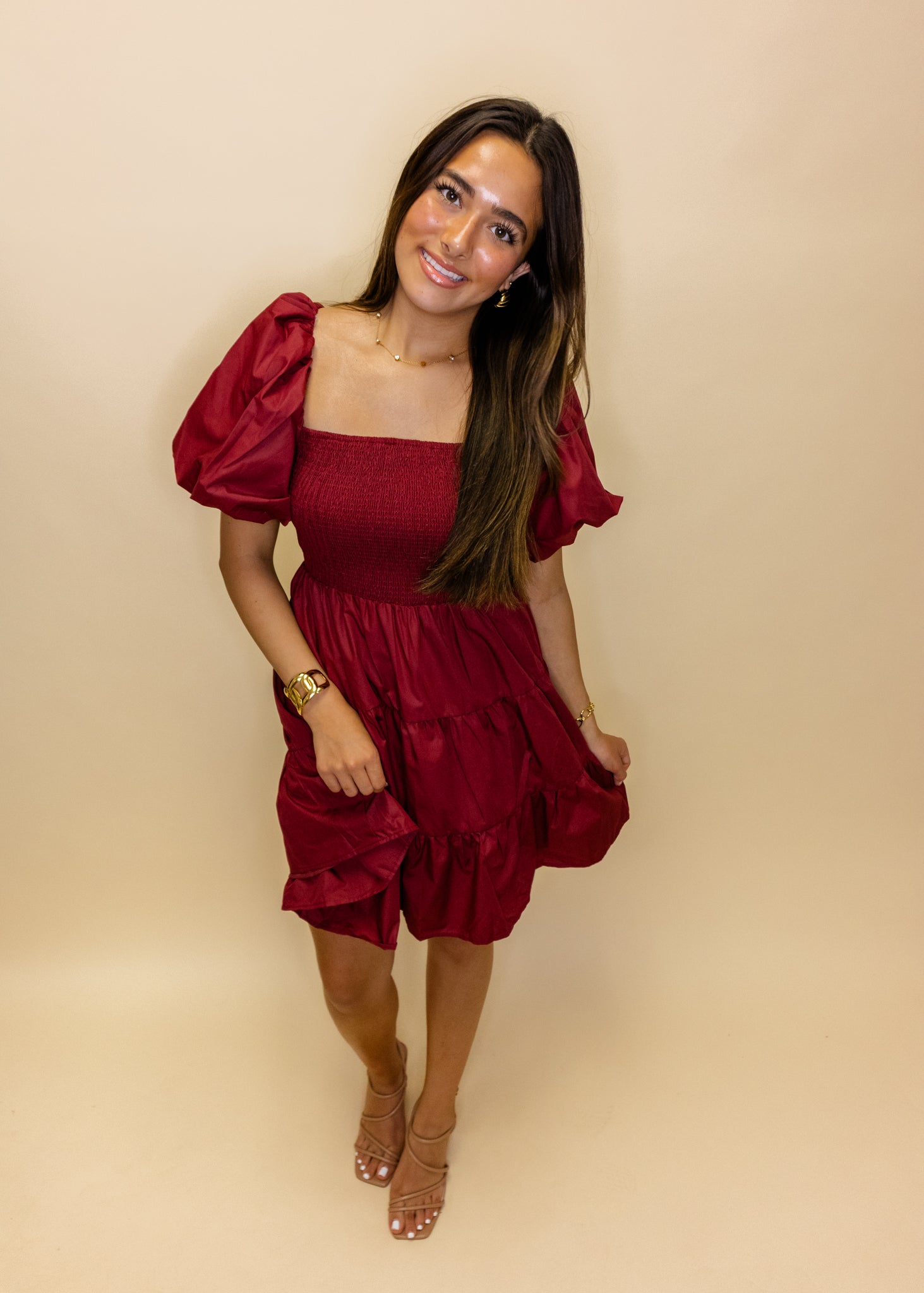 Maroon Smocked Puff Sleeve Dress