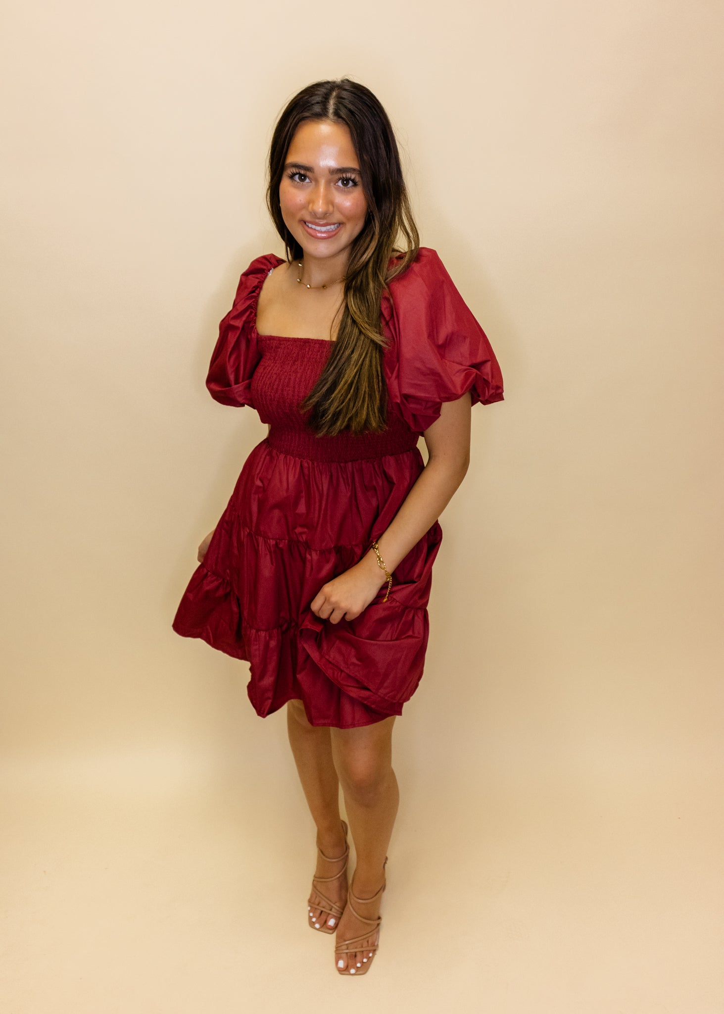 Maroon Smocked Puff Sleeve Dress