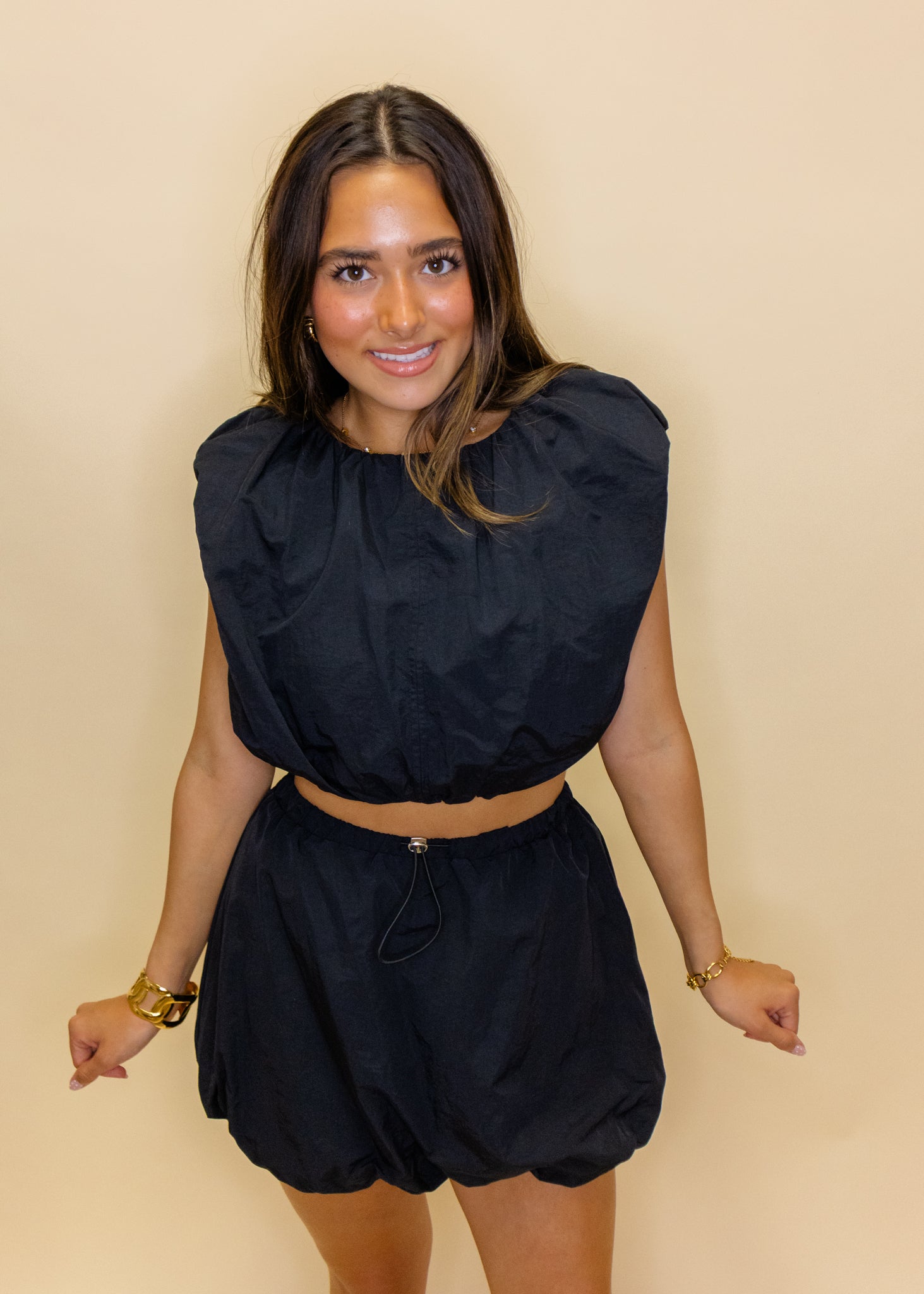 Black Crop Bubble Skirt Set