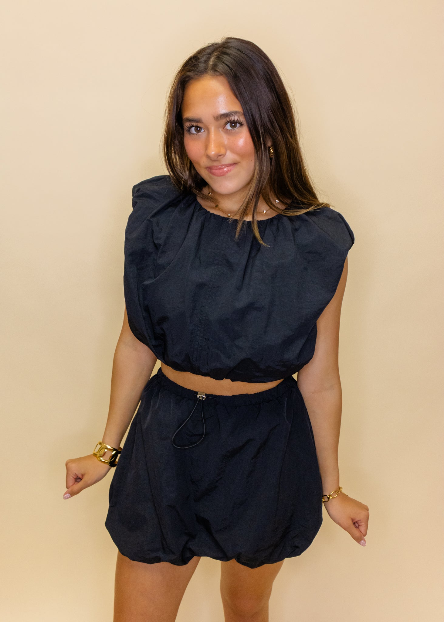 Black Crop Bubble Skirt Set