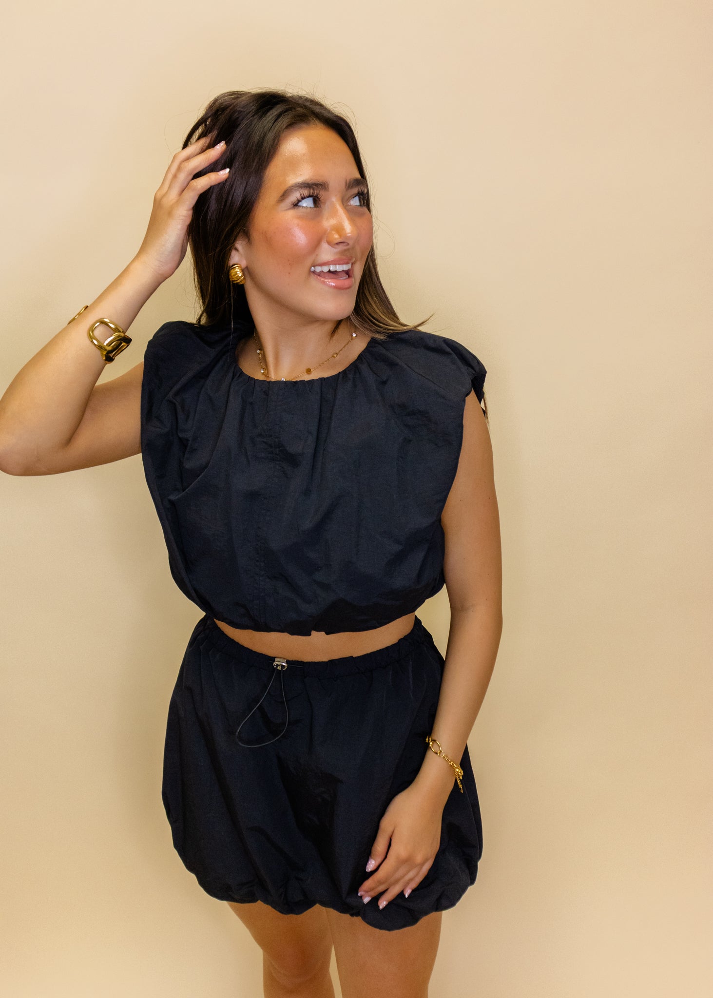 Black Crop Bubble Skirt Set