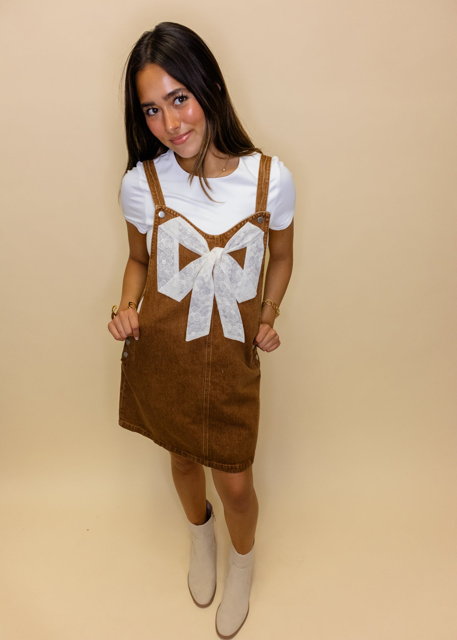 Camel Ribbon Front Overall Dress