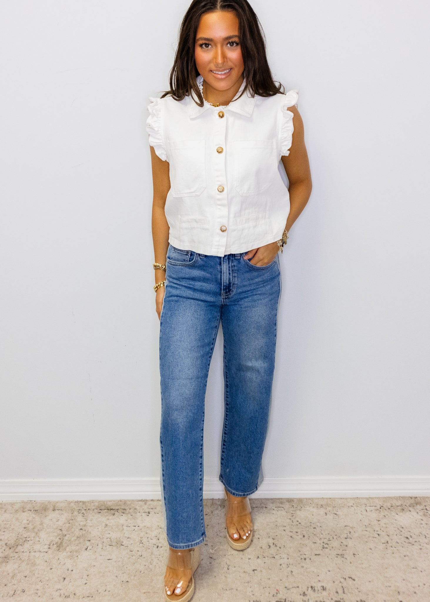 White Ruffle Sleeve Twill Vest