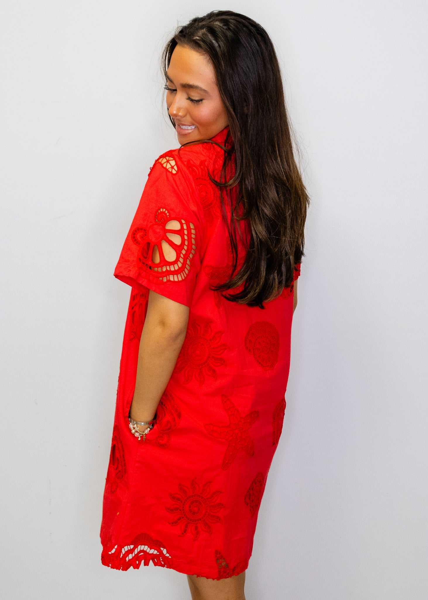 Red Eyelet Sea Detail Dress
