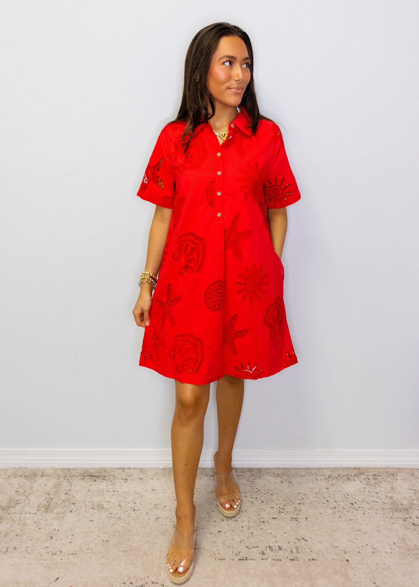 Red Eyelet Sea Detail Dress