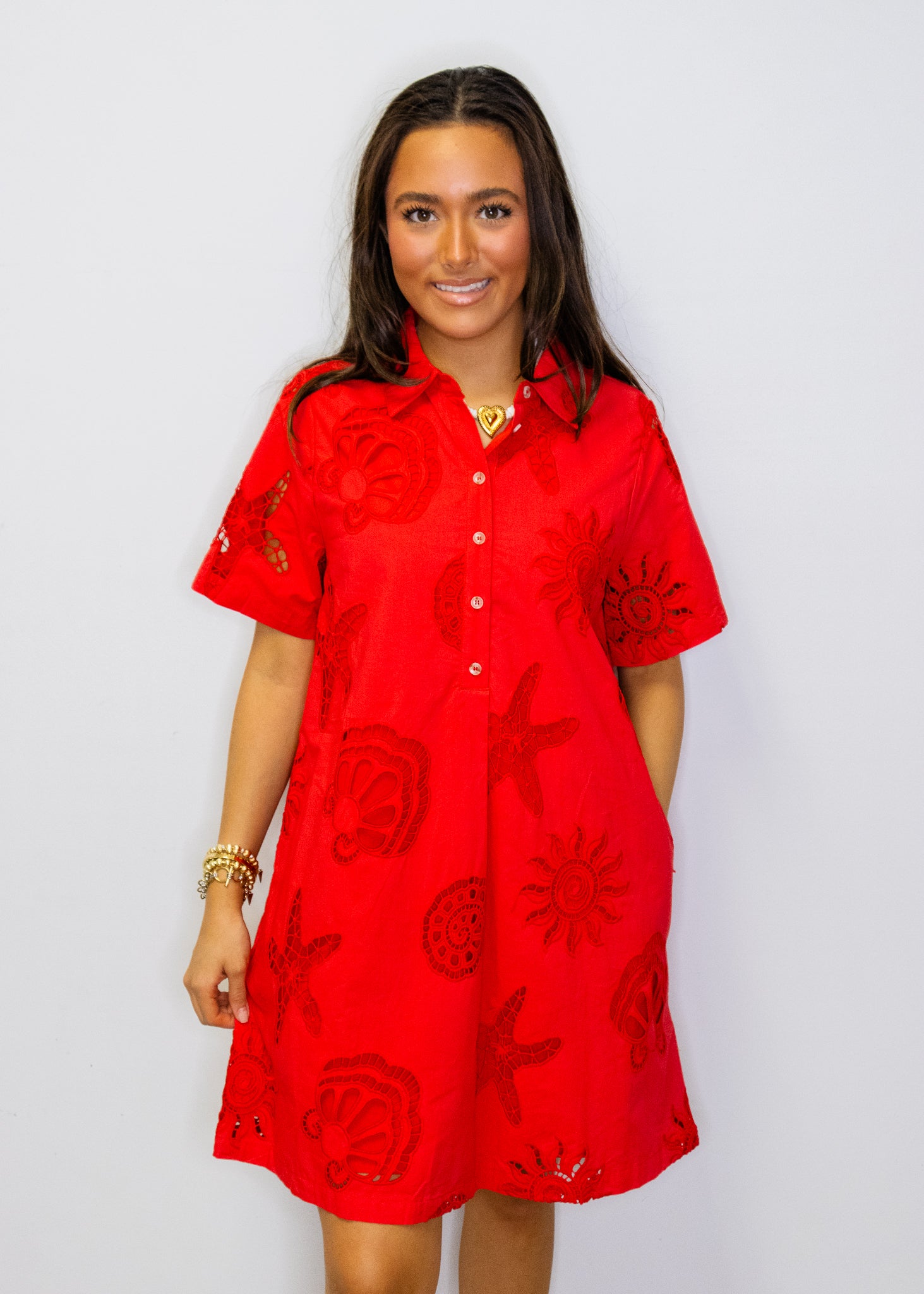 Red Eyelet Sea Detail Dress