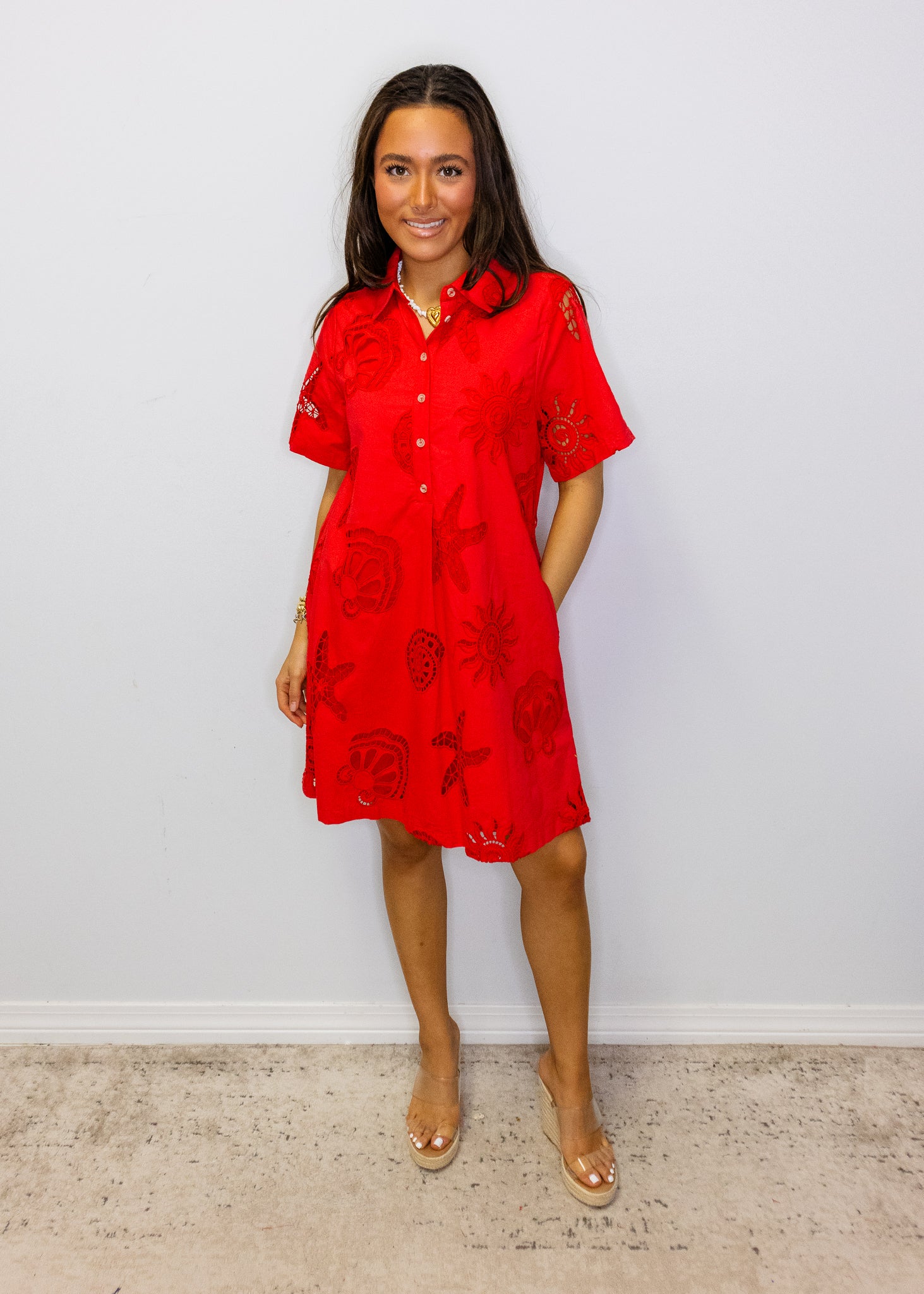 Red Eyelet Sea Detail Dress