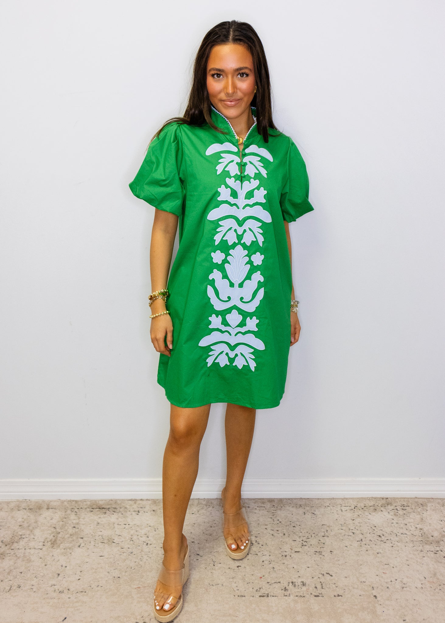 Green Baroque Applique Shift Dress