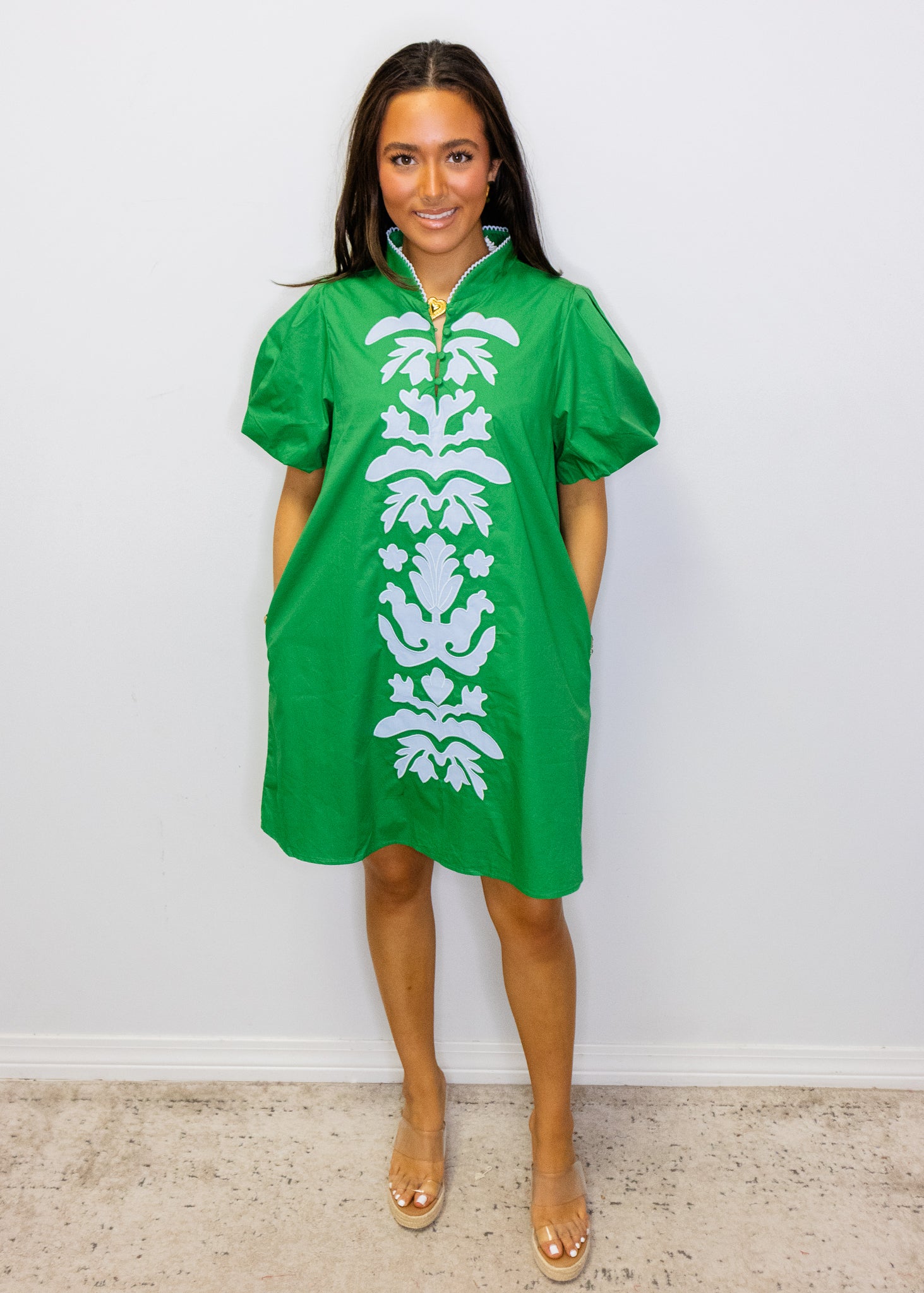 Green Baroque Applique Shift Dress