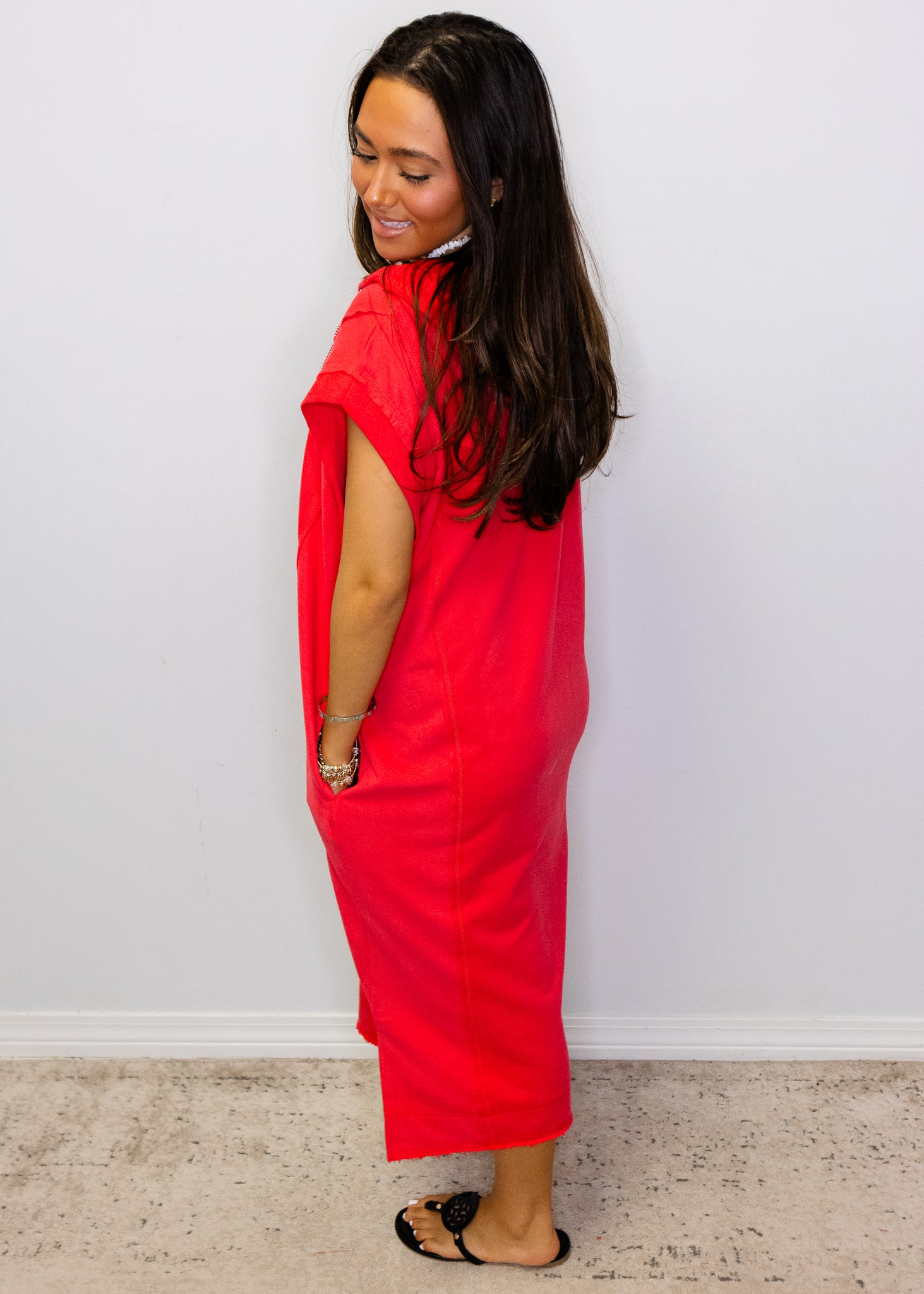 Red Terry Sporty Midi Dress