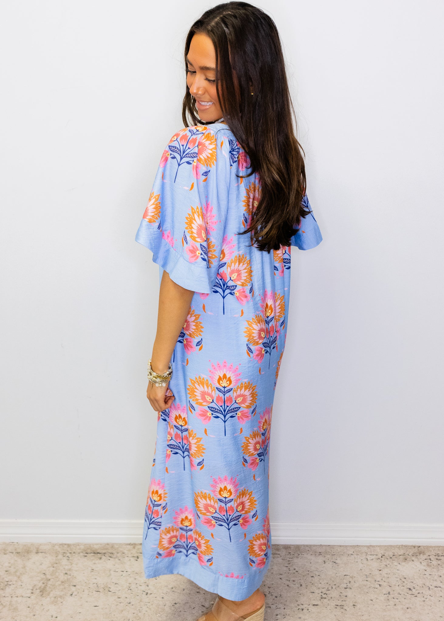 Powder Blue Multi Floral Midi Dress