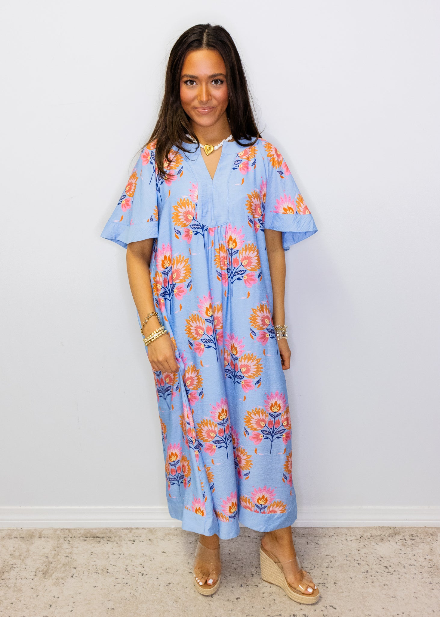 Powder Blue Multi Floral Midi Dress