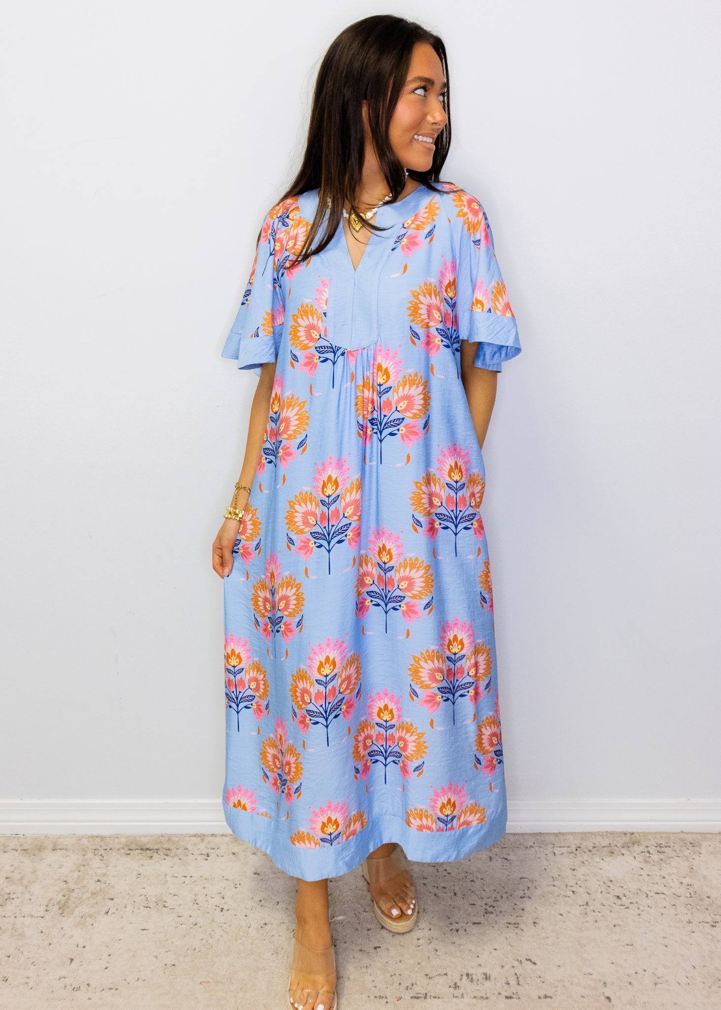Powder Blue Multi Floral Midi Dress
