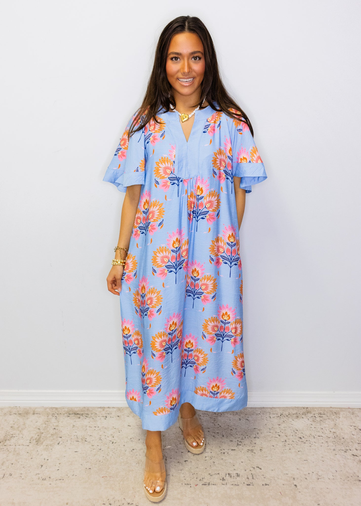 Powder Blue Multi Floral Midi Dress