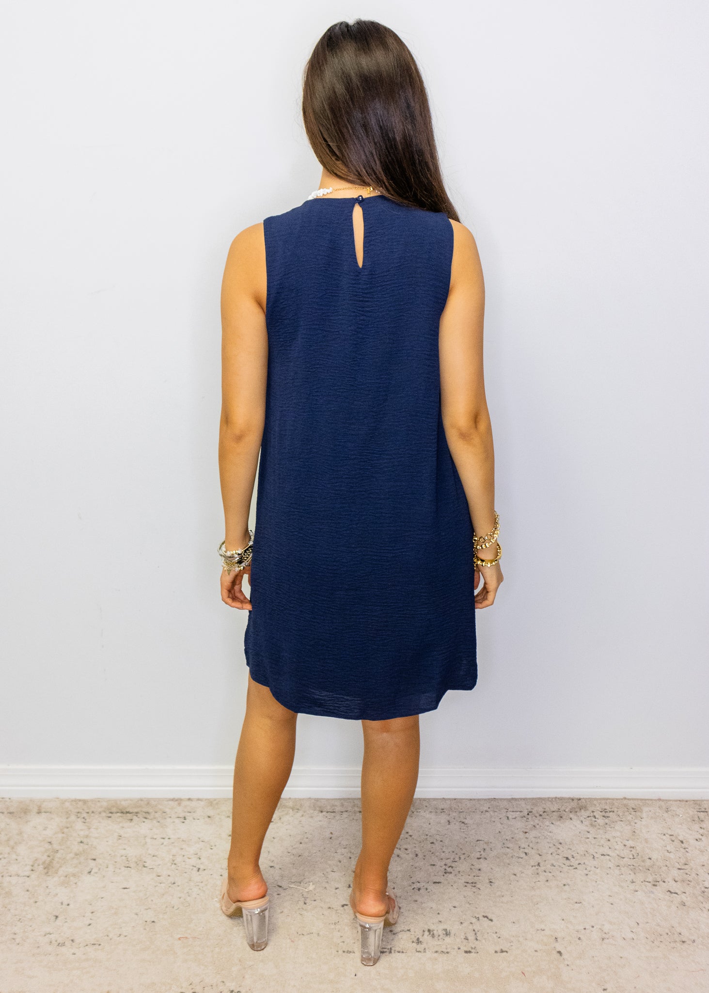 Navy Solid Pleat Detail Shift Mini Dress