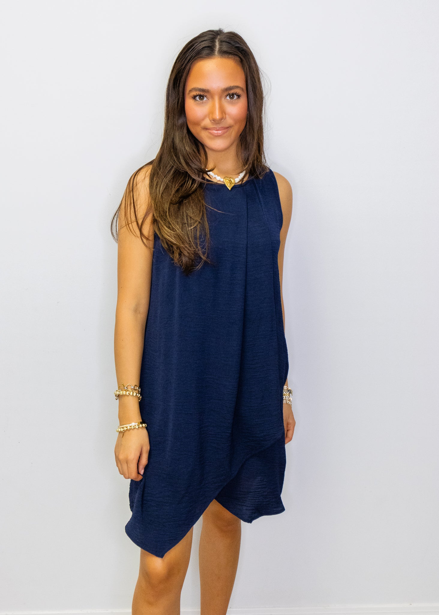 Navy Solid Pleat Detail Shift Mini Dress