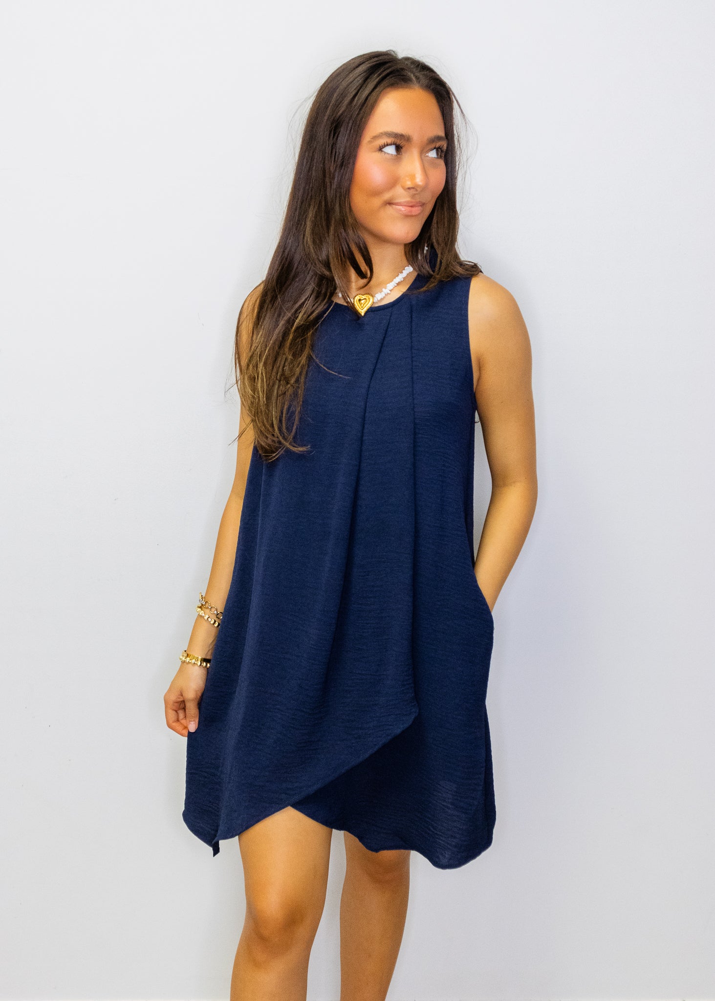 Navy Solid Pleat Detail Shift Mini Dress