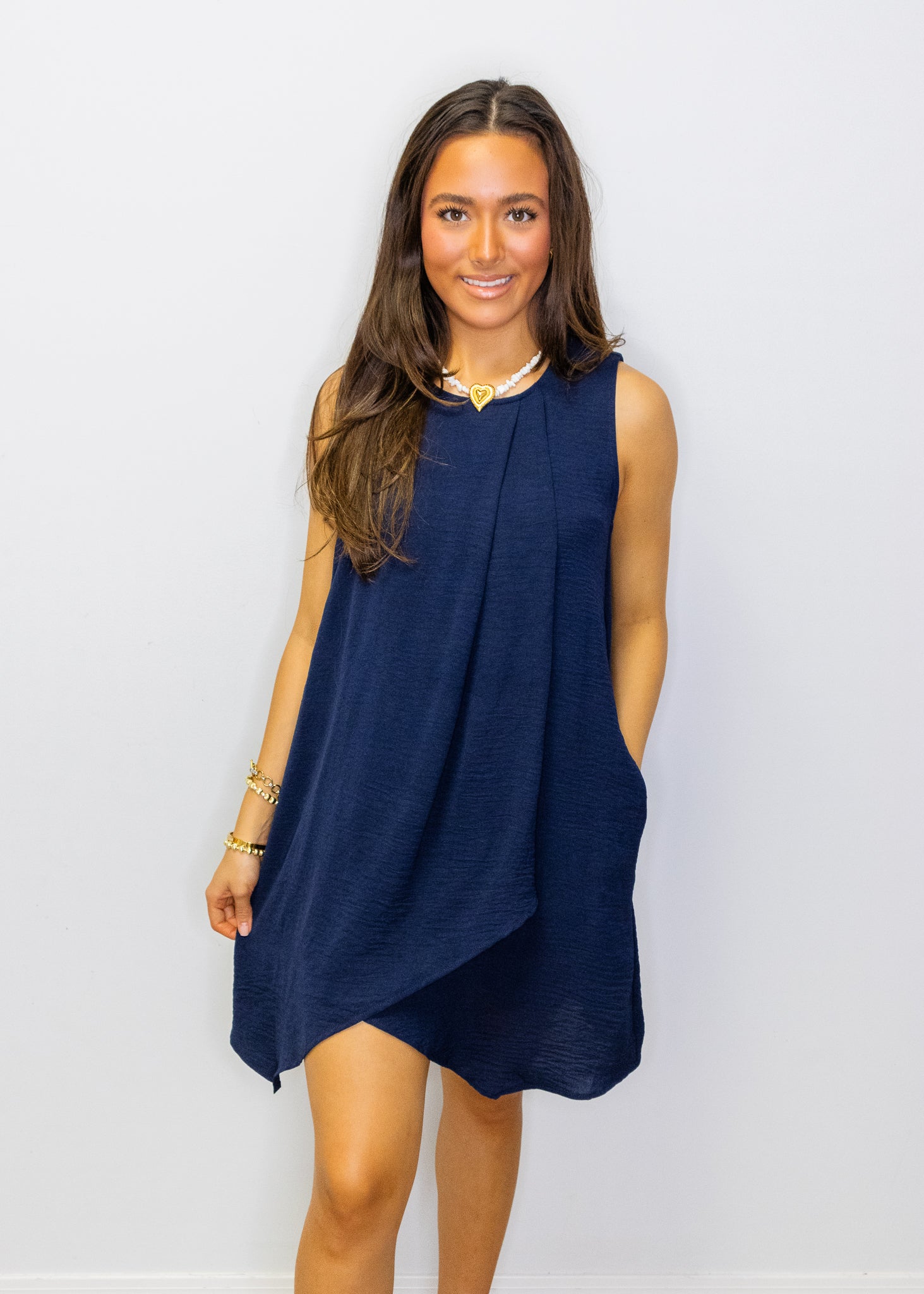 Navy Solid Pleat Detail Shift Mini Dress