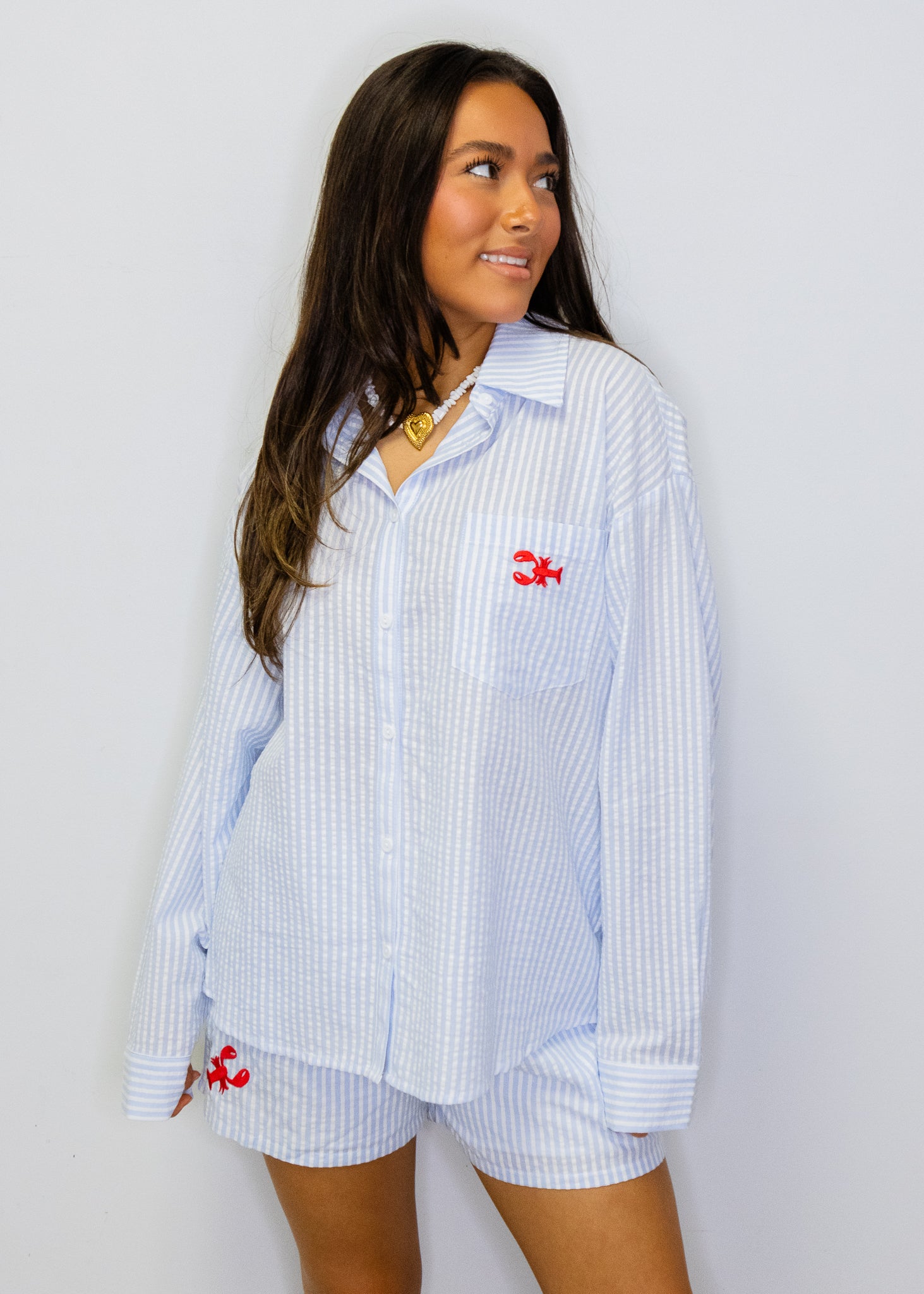 Blue Stripe Crawfish Button Top