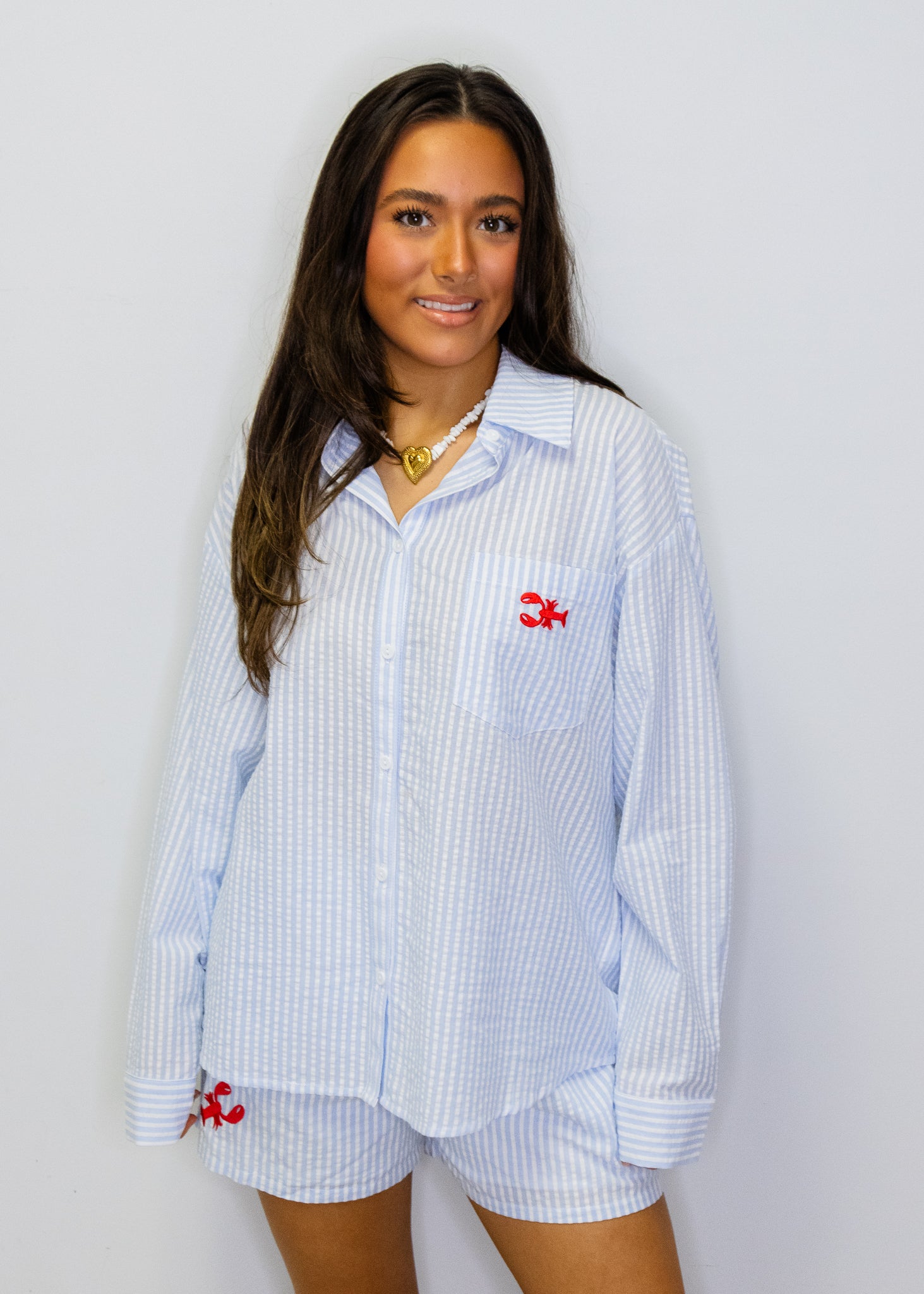 Blue Stripe Crawfish Button Top
