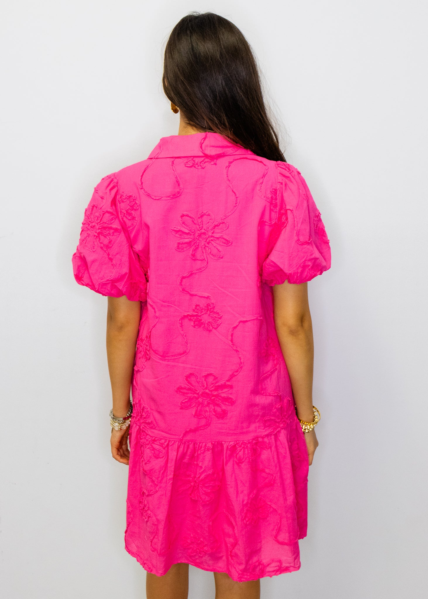 Hot Pink 3D Floral Button-Up Dress