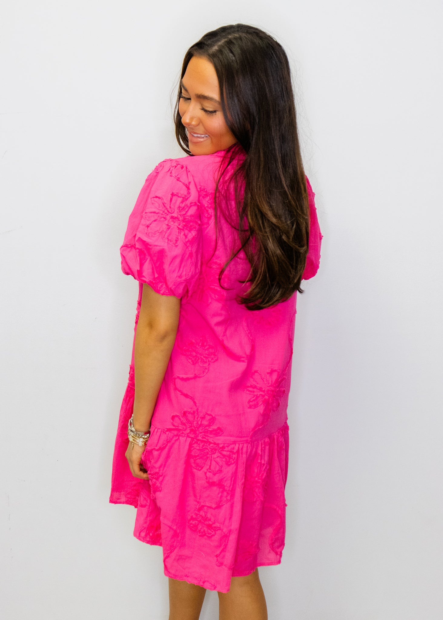 Hot Pink 3D Floral Button-Up Dress